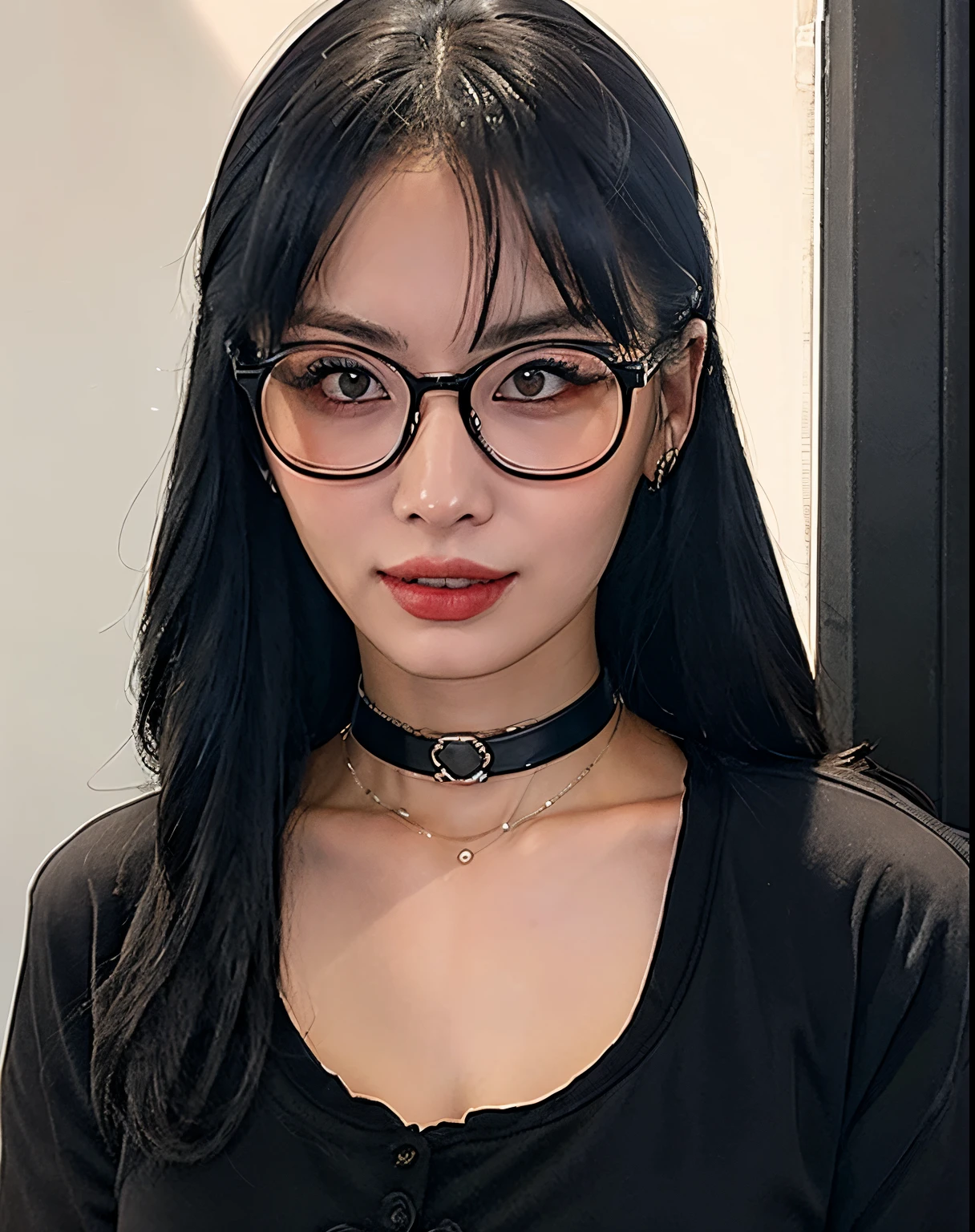 There&#39;s a woman with glasses and a choker around her neck, With eye Glasses, wearing thin large round glasses, wearing black frame glasses, wearing small round glasses, de menina taiwanesa com tatuagens, with black eyeglasses, wearing big black circle glasses, wearing round glasses, cruel korean goth girl, girl wearing round glasses, menina coreana, wearing black rimmed glasses