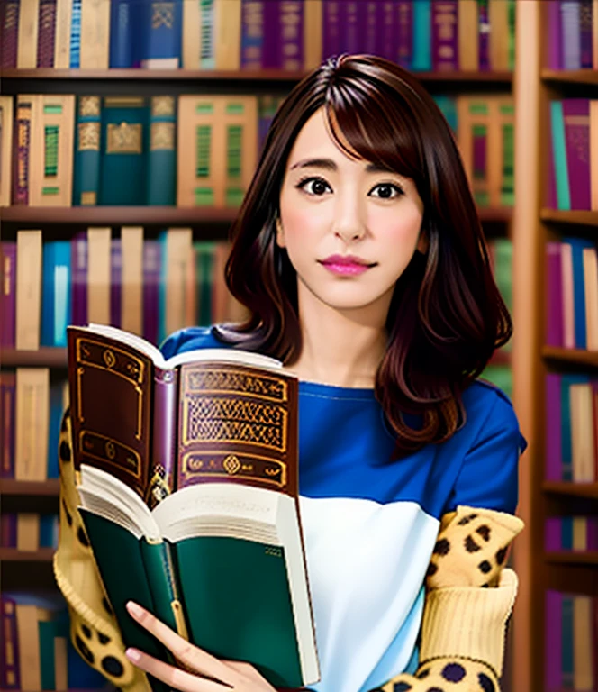 Mulher latina segurando um livro em uma biblioteca com uma camisa com estampa de leopardo, Librarian, em uma biblioteca, Malika Favre, retrato do livro, Retrato no meio da foto, tomada em 2 0 2 0, Segurando um livro, holding books, fernanda suarez, the librarian, Directed by: Nandor Soldier, standing inside a magic library, by Gina Pellón