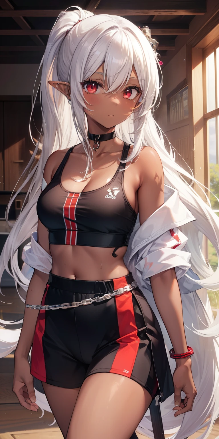 1girl, white hair, red eyes, navel, looking at viewer, hand on hip, black jacket, dolphin shorts, groin, (white shirt:1.2), braid, very long hair, wide hips,
underboob, shirt,
big\(BodyProportions\),