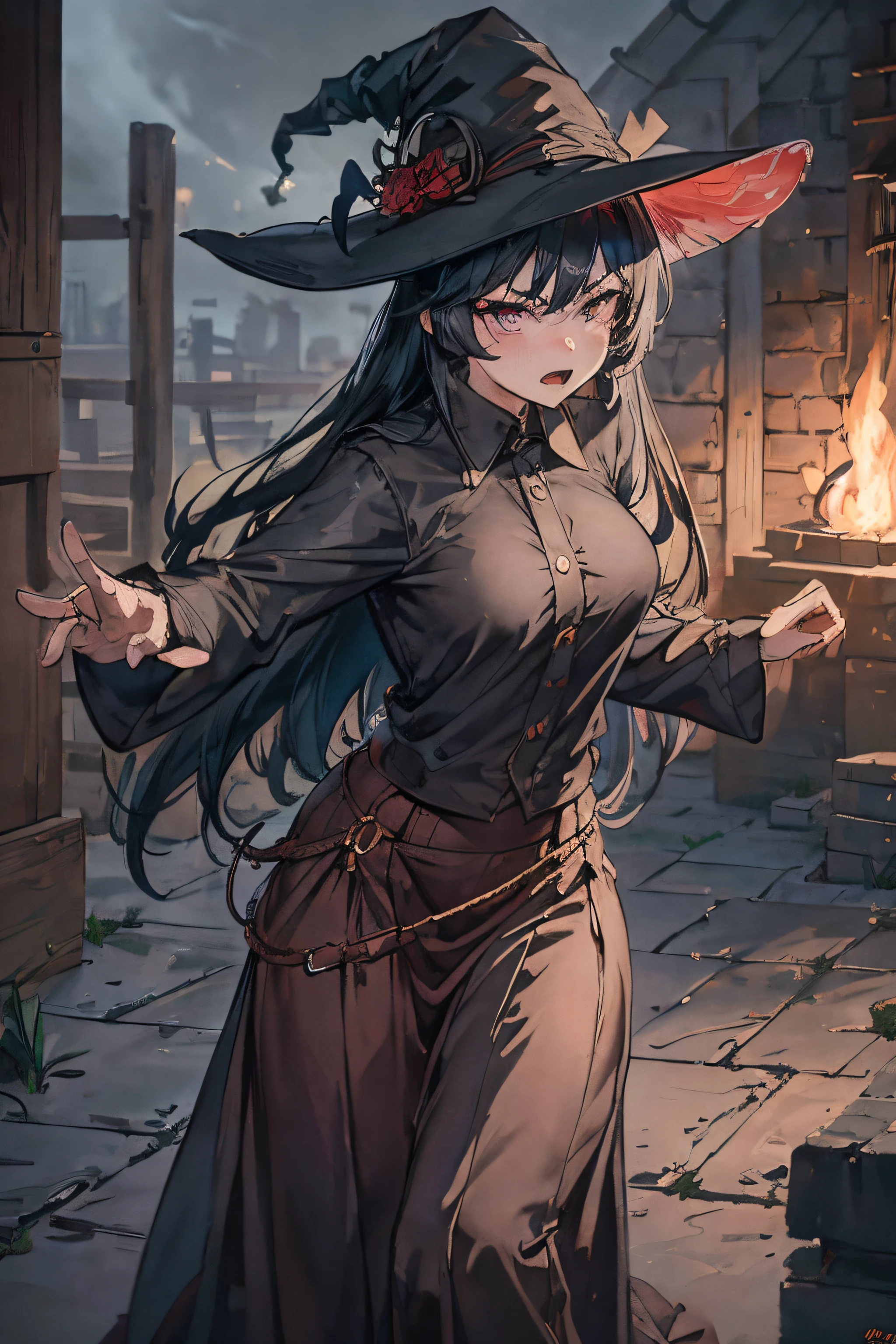 beautiful prison guard,unified information,Prison background,Conservative sheer maxi skirt,angry look,NSFW,Witch hat,livestock,Fighting posture