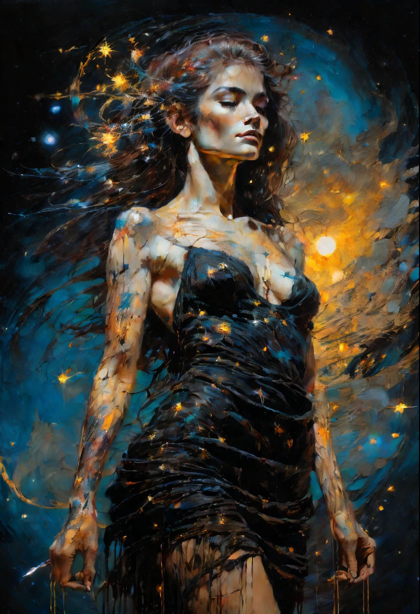 Art by Frank Frazetta, Carne Griffiths ,Beautiful face, Cute,   girl, Starry Night, Black dress, Full body painting, glowing skin, Oil paint painting, 8k, intricate painting, clarity in details, vivid and warm colors.