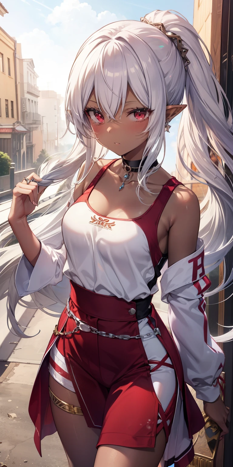 (masutepiece: 1.2, Best Quality), 1 Lady, Solo, silber hair,The long-haired, Red Eyes, Black skin,sun burn,Brown skin,elvish、a choker,Silver Accessories,sports wear,running,poneyTail