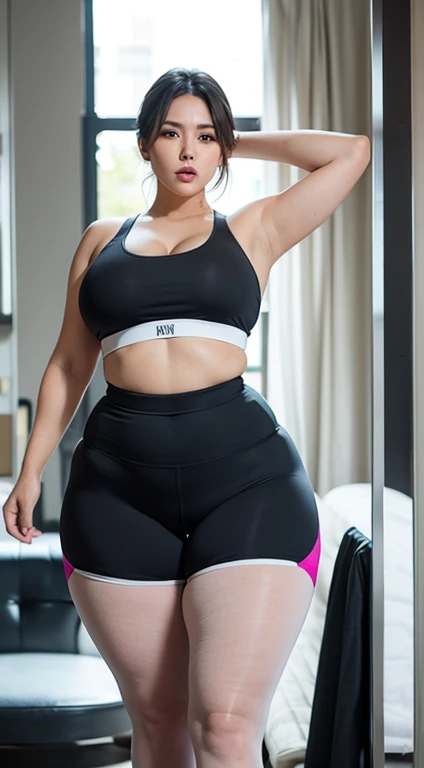 sexy bbw mature woman, beautiful face, big breasts, sexy big ass, sexy thighs, tall body, wearing a sports bra, wearing transparent sports leggings, ultra details