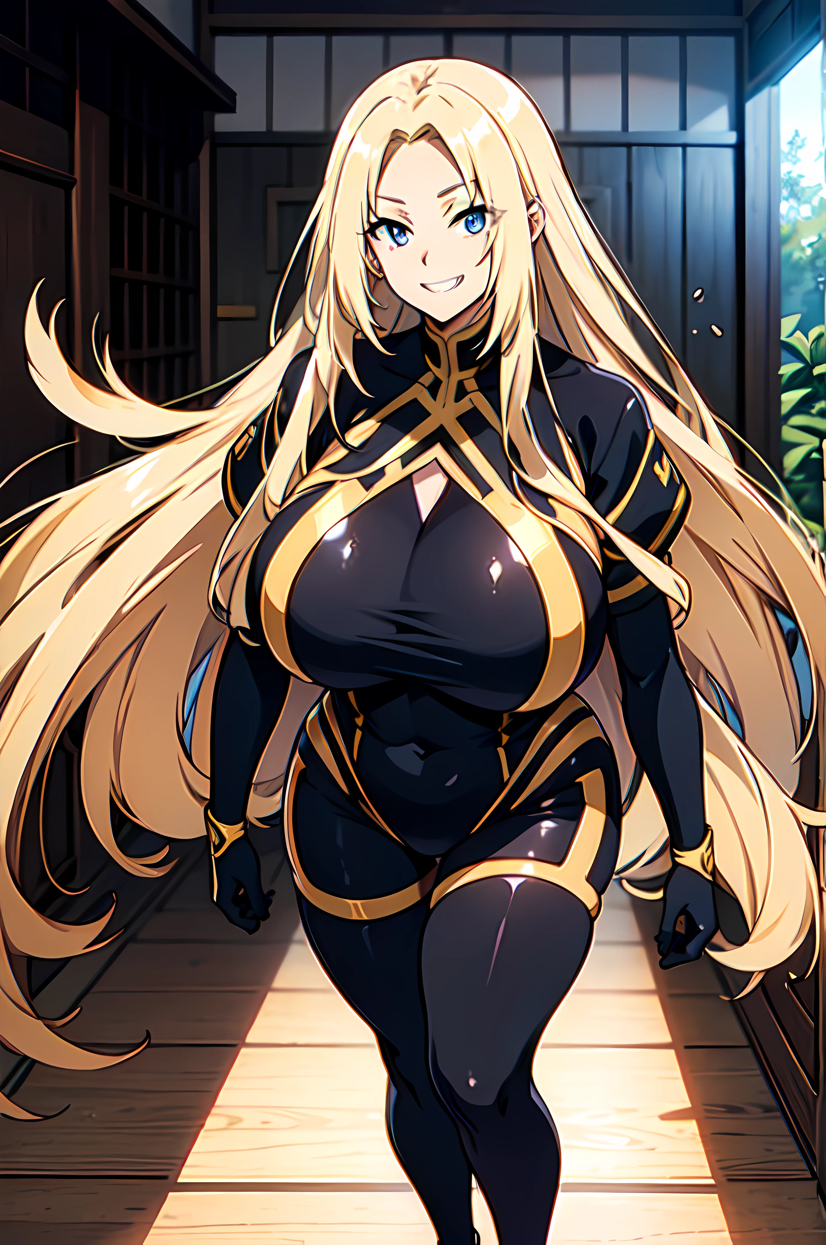 Long blonde hair, Japanese, (gigantic chest:1.2), tight clothing, (black leggings:1.2), big thighs, sadistic grin, half body, big eyes, (ninja:1.1)