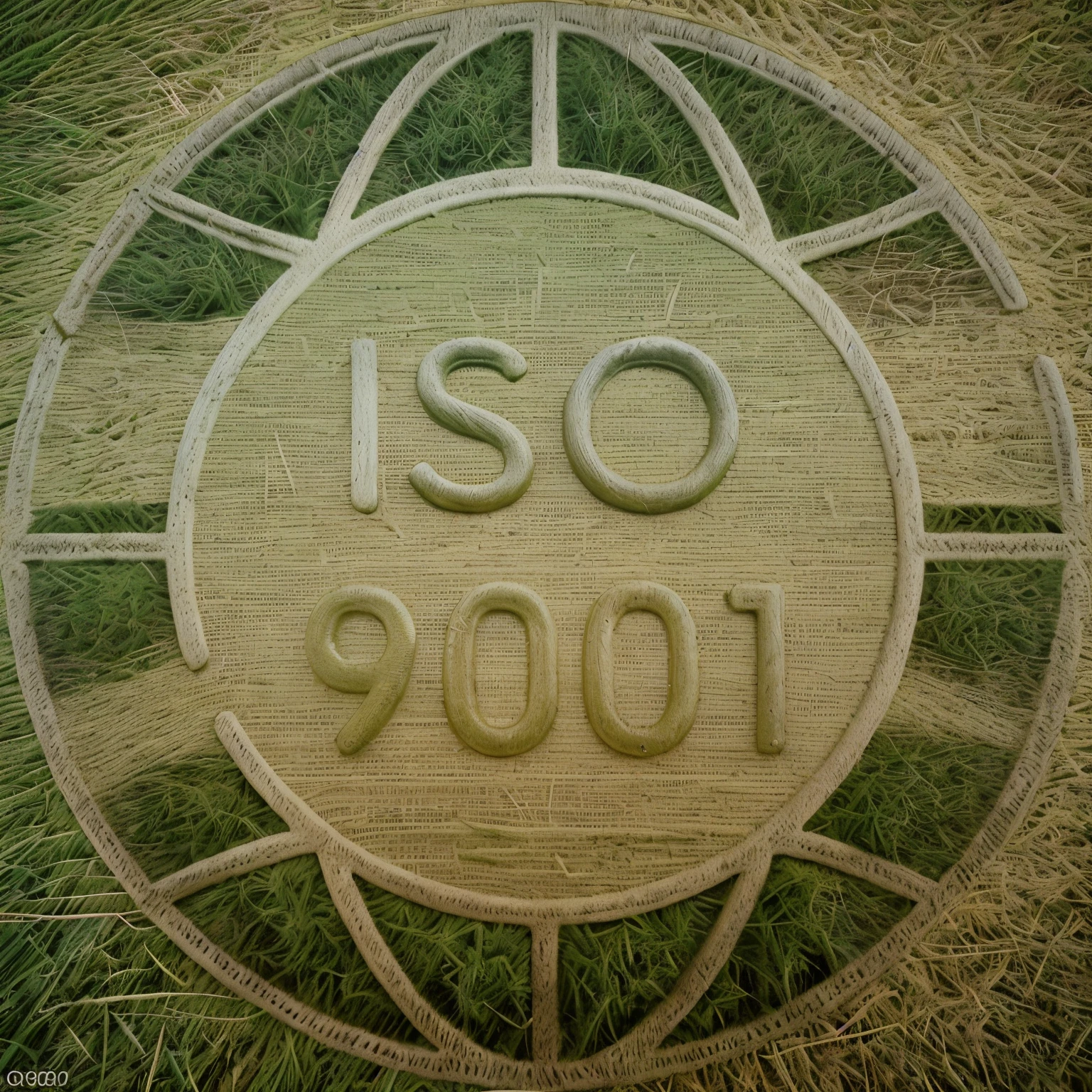 topo da vista grama de fazenda com marca na grama com texto com textura de grama, grass in text form is "ISO 9001", Text marked on the grass on the ground, vacas pastando ao redor, ultra realistic, luz cinematic, do topo, wide angle, 8k
