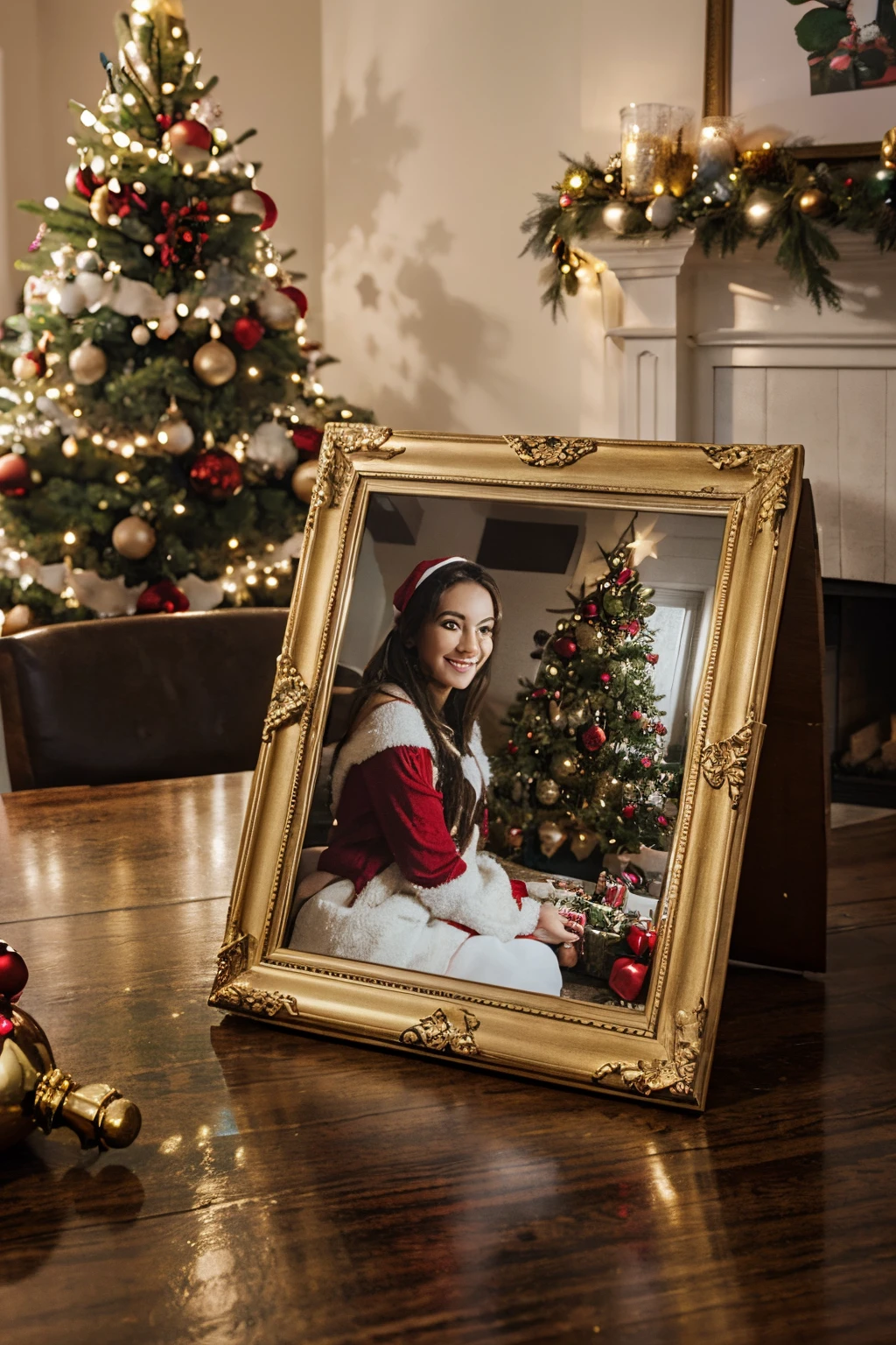 Create a Christmas theme with a high-resolution photo frame on the table