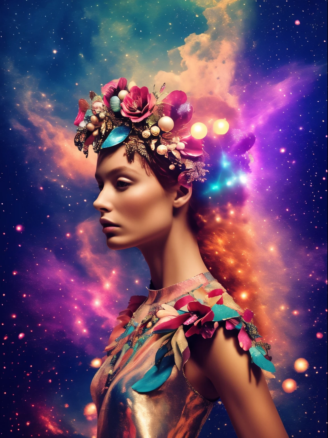 high quality, best quality, masterpiece, detailed portrait of female 1girl, long hair, (floating, space, galaxy, colorful), warm lighting, goddess, galaxy, scenery, multicolored flower crown in hair, {{{best quality}}}, {{ultra-detailed}}, {illustration}, cinematic angle, {detailed light},cinematic lighting, celestial, dynamic pose