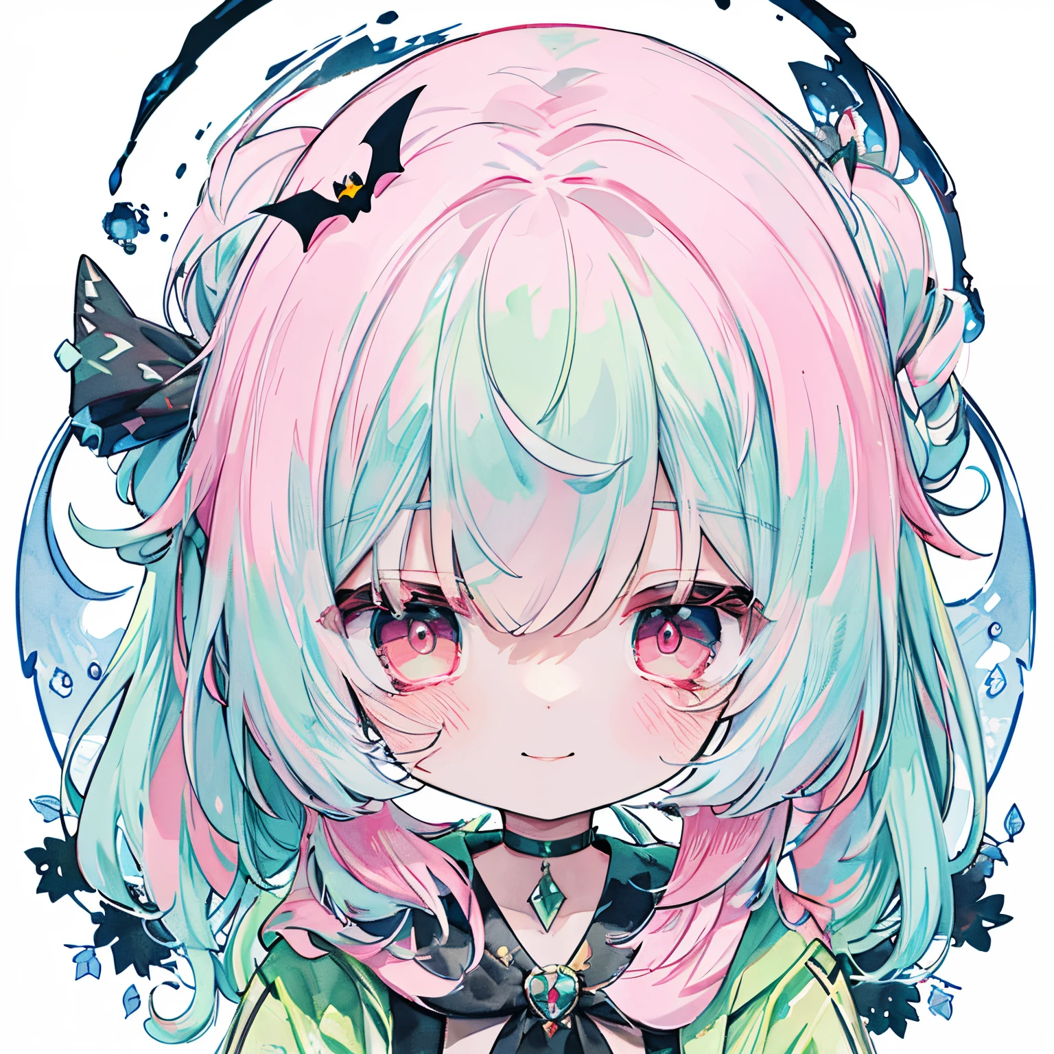 Transparent watercolor,girl with,Jewel Eyes,Beautiful arrangements and motifs、Originality、GAMECHARACTER DESIGN、depth of fields , Fantastic, Beauty、Transparency、GAMECHARACTER DESIGN、The upper part of the body、zombie、patchwork pattern on face、halloween costume zombie、Cute Zombies、Green hair、dishevled hair、red eyes、Pink eyes、Cute characters、Whirled、Zombie Girl、tatteredclothing、which are full of confidence、Mouth smile、Green and pink hair