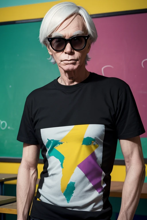 the fantastic iconic pop artist Andy Warhol wearing a plain black t-shirt in a poor Brazilian public school classroom, very colorful. high skin details, 4k,
