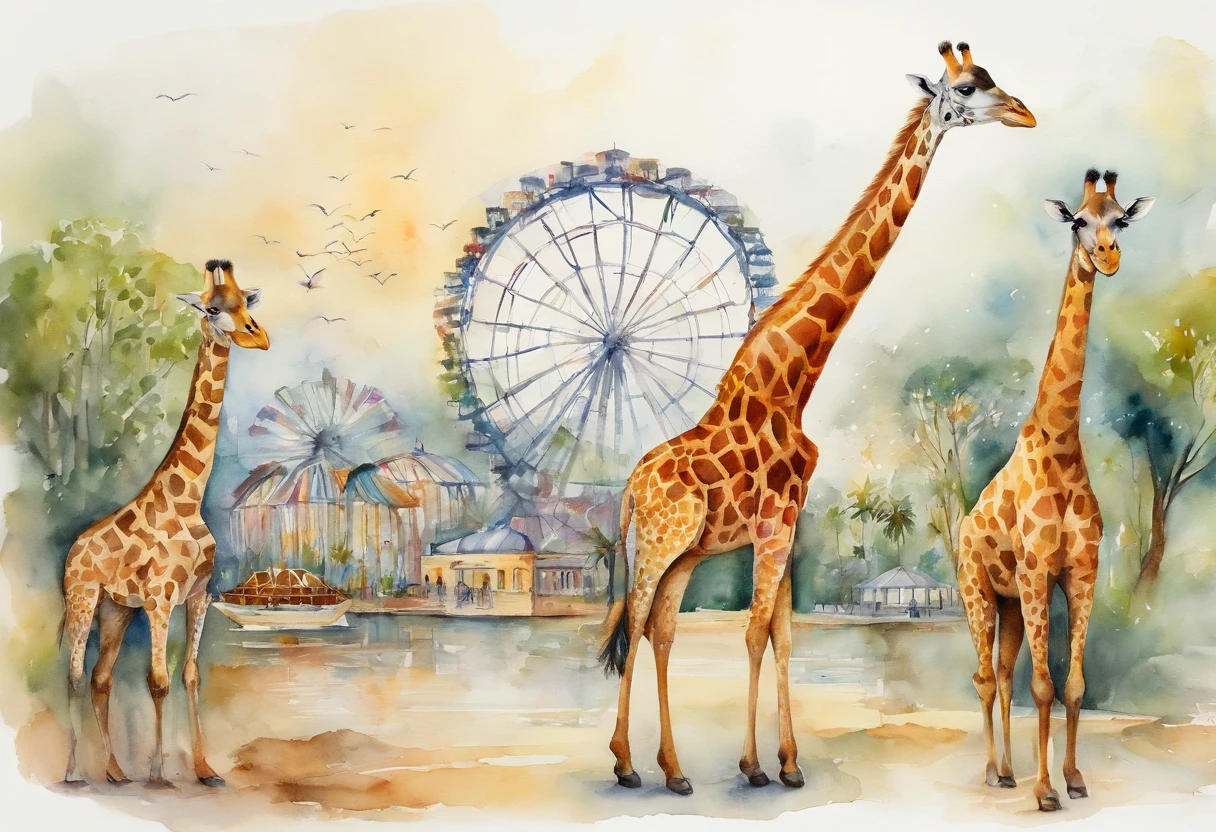 zoo,Buildings in the distance,giraffes,cavalos,swans,monkeys,he Ferris wheel,roller coasters