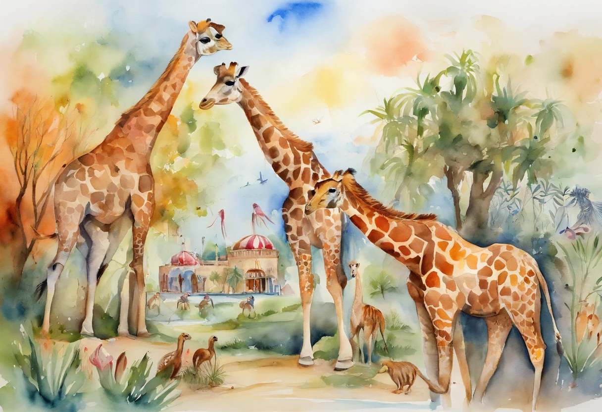 zoo,Buildings in the distance,giraffes,cavalos,swans,monkeys,he Ferris wheel,roller coasters