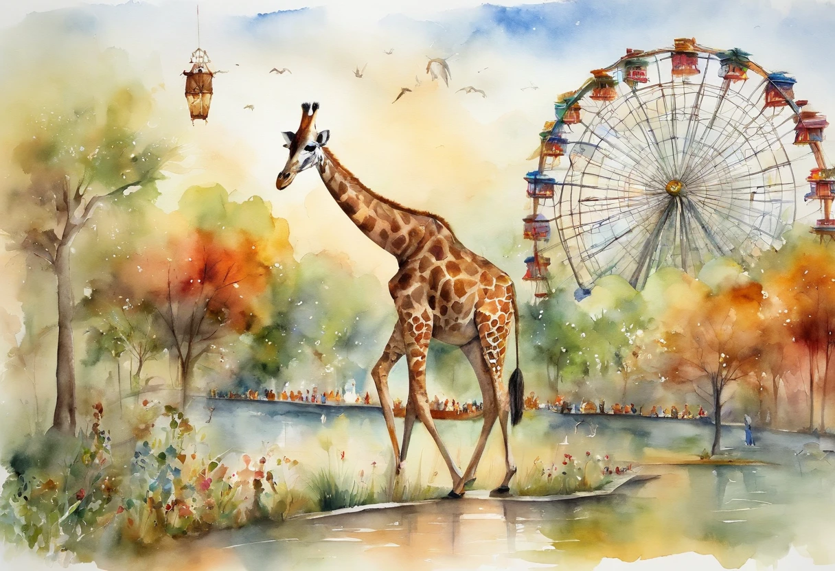 zoo,Buildings in the distance,giraffes,cavalos,swans,monkeys,he Ferris wheel,roller coasters