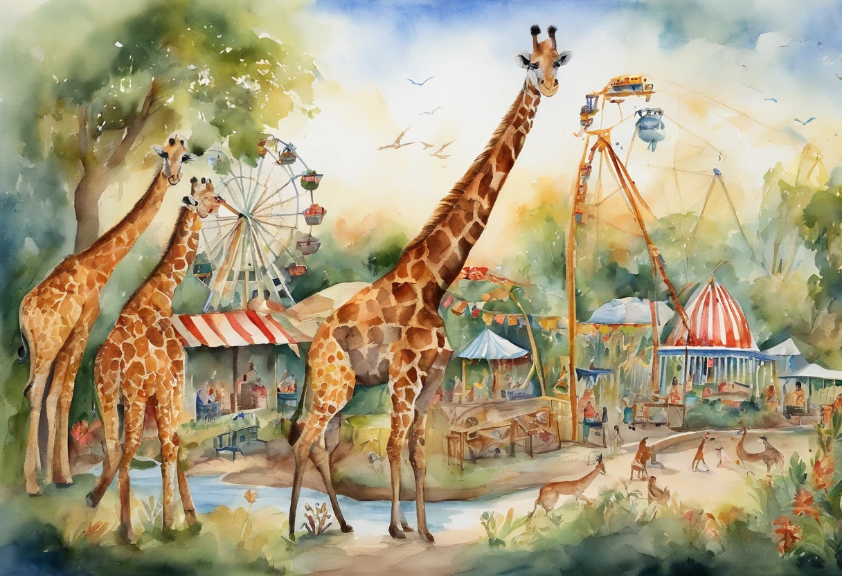 zoo，Buildings in the distance，giraffes，cavalos，swans，monkeys，he Ferris wheel，roller coasters