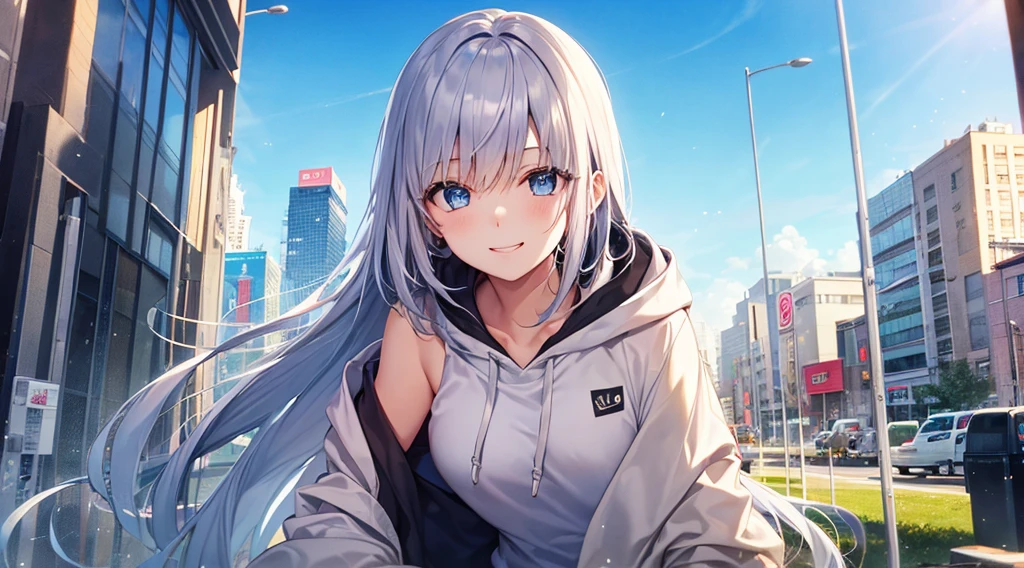 (​masterpiece、top-quality)、独奏、1womanl、White hair、the tips of the hair are blue、Blue eyes、A smile、White skin as clear as snow、Fantastical,Small breasts, Silver hair, Blue eyes, Beautiful eyes, Teen Girl, ???????, charmed, be smitten with audience, Hoodie, Hoodie with open front, Naked Hoodie, Shoulder out, Blue sky, , Sunlight