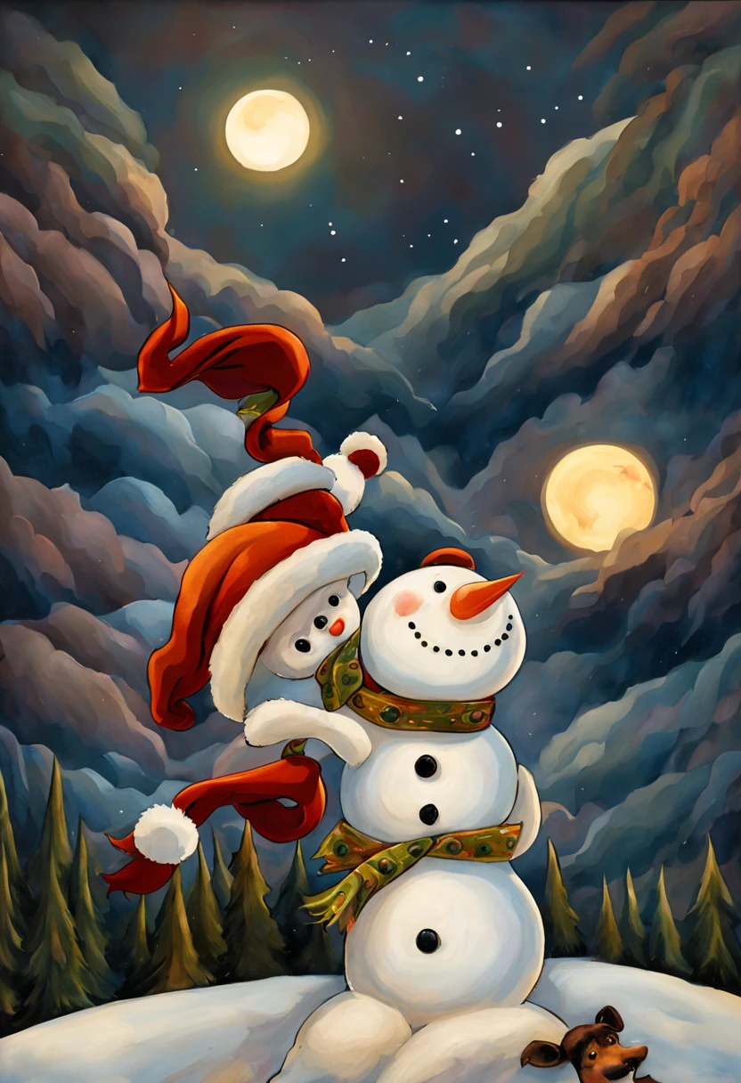Night Tale: The Snow Maiden goes into the sunset with her faithful friend - the snowman"