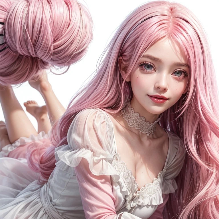 Light blue and pink color scheme,Sexy Girl ,tiny body,Petite,white curly hair
