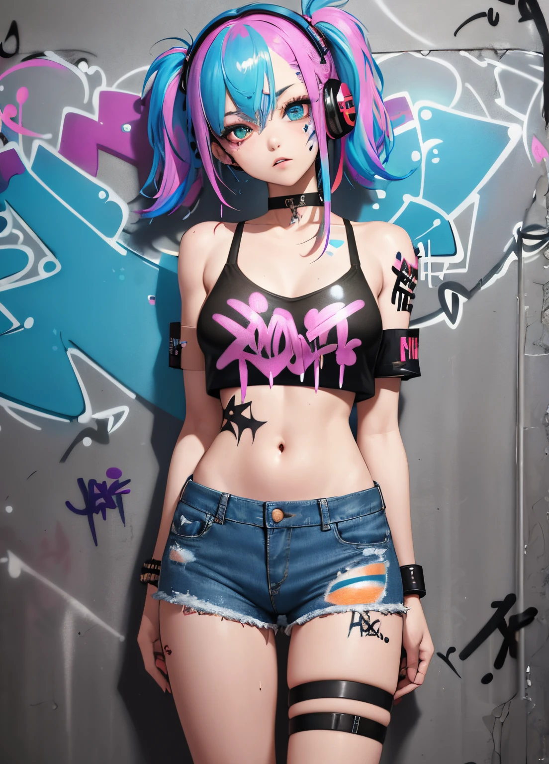 masterpiece, best quality, 1girl, solo, crop top, denim shorts, choker, (graffiti:1.5), paint splatter, arms behind back, against wall, looking at viewer, armband, thigh strap, paint on body, head tilt, bored, multicolored hair, aqua eyes, headset,