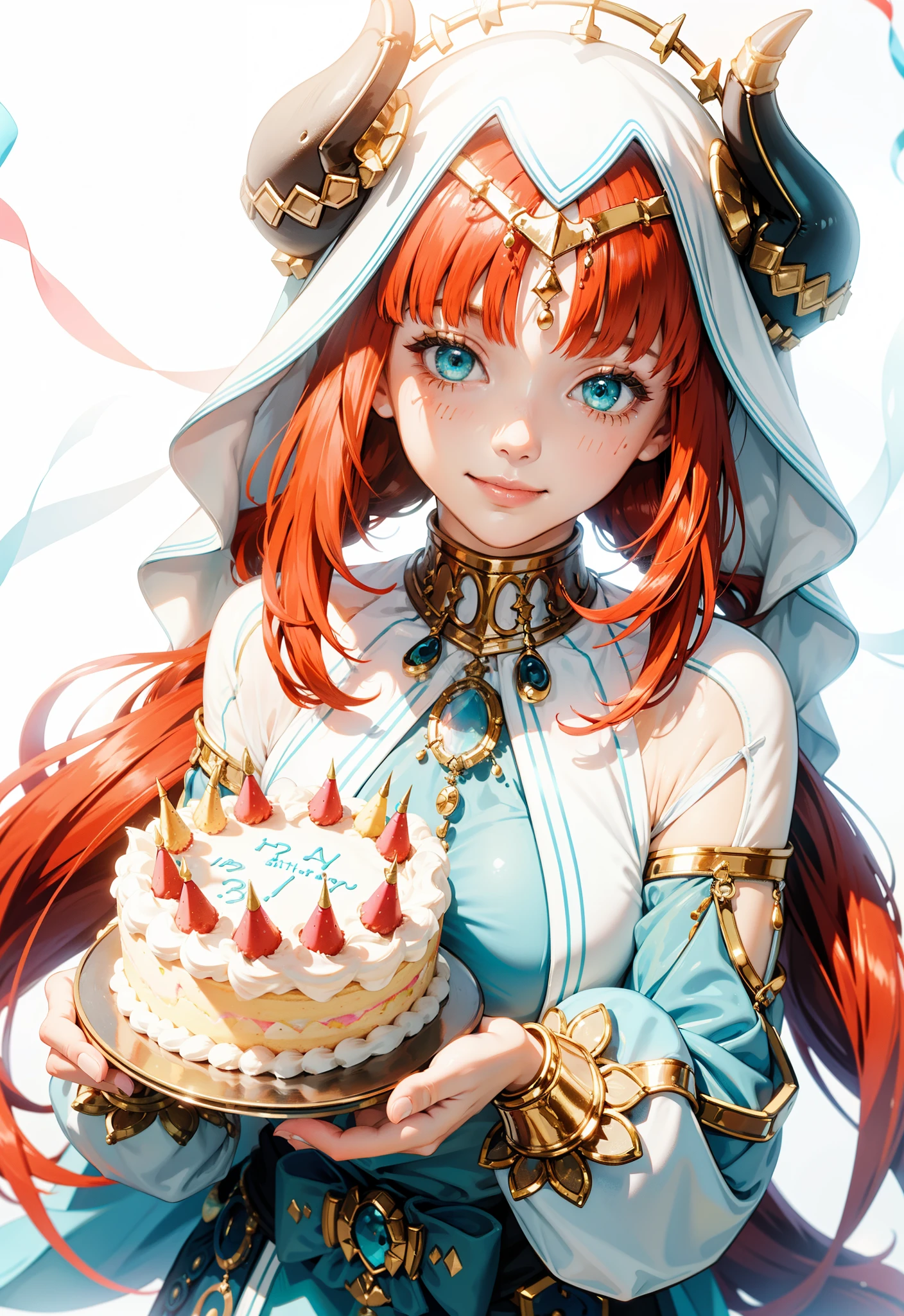 1 girl solo, red hair, teal eyes, blue and white flowy clothes, golden accessories, black horns, iridescent light, glowing, hapy smile, blushing, ((holding a birthday cake)) (((cake)))