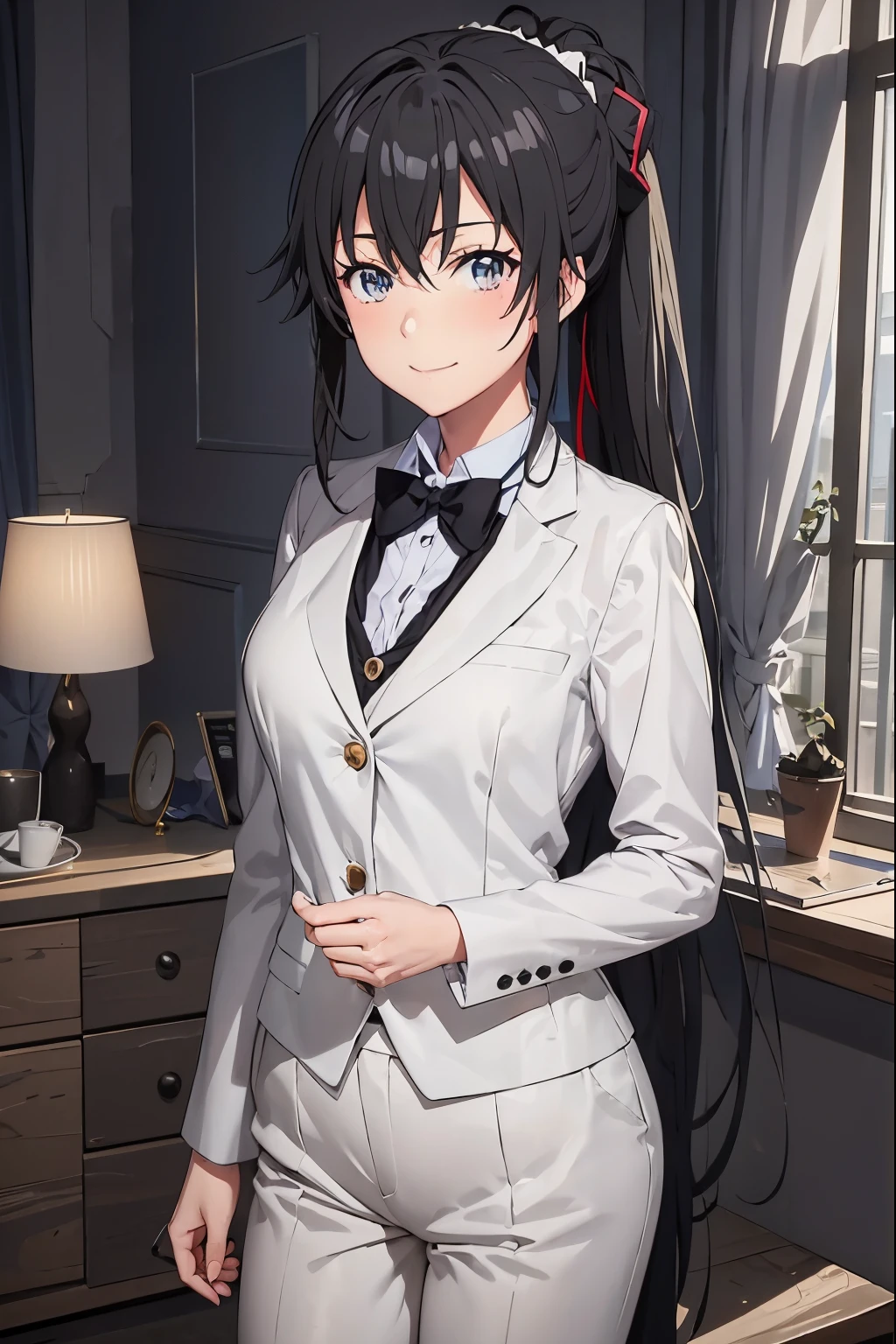 Yukinoshita yukino, 1girl, tuxedo, anime, colored, 8k, ponytail hair blue eyes detailed