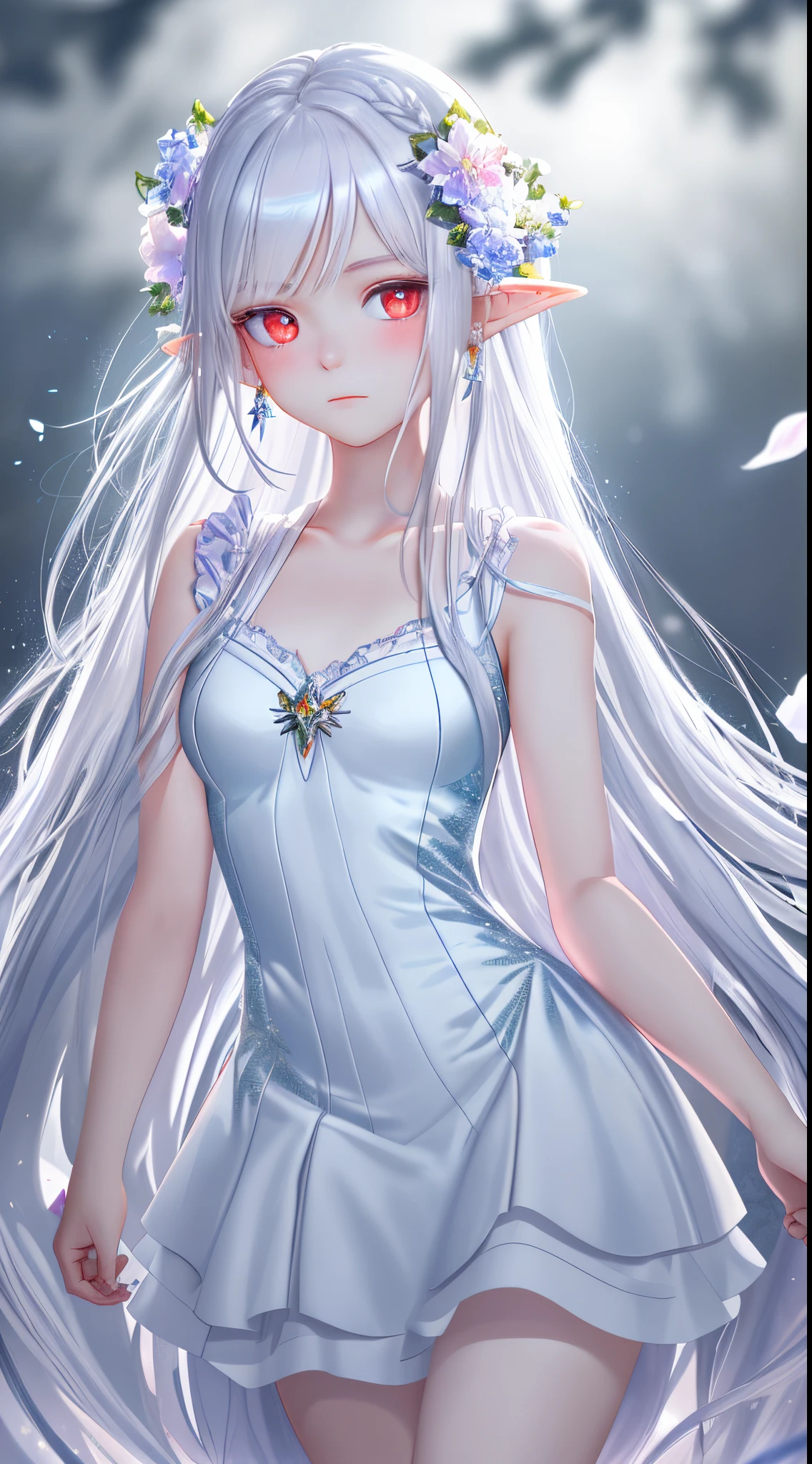 snow white hair，Full body view，floating long hair，Single braid，Colorful hair，Red eyes，Delicate red eyes，Bright pupils，the collarbone is clearly visible，Princess，Shy，Cute，（White One-Piece Stockings），Bare shoulders，elf-ears ，colorful petals，tiny chest，（sportrait：1.2），Looking at Viewer，yuki，young adult，Iced earrings，Ethereal flowers in the hair，（facial close-up：1.2），（eyes close up：1.2），Innocent，（solofocus：1.2），（best qualtiy），（ighly detailed），（Unique），（Delicate background），（masutepiece），（Ultra-high resolution），（Very detailed 8k wallpaper），cinmatic lighting，Volumetriclighting，light particules，face shadow，（High-quality beautiful face and eyes），depth of fields，see -through，nffsw，Blushing，full bodyesbian