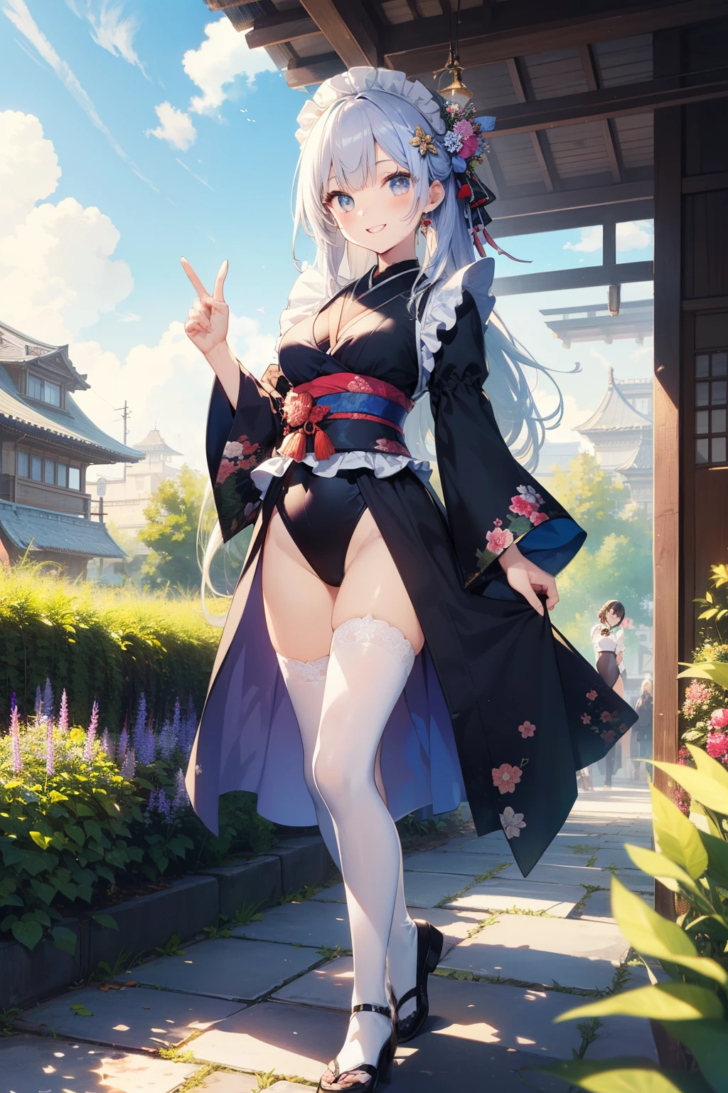 (masterpiece:1.5),(best quality:1.5),(ultra-detailed:1.5),illustration,cowboy shot,1girl,solo,(buildings),perfect face,lustrous skin,long hair,beautiful detailed eyes,beautiful flowing hair,(ru_qun:1.5),(hanfu:1.5),chinese clothes, white dress,white thighhighs, (bloom),lighting, ray tracing,outdoors, mountains, nature,hair ornament, hair ribbon,hand on hip,looking at viewer,ahoge,large breasts, (deep depth of field:1.5),hair ornament, forest,barefoot sandals
