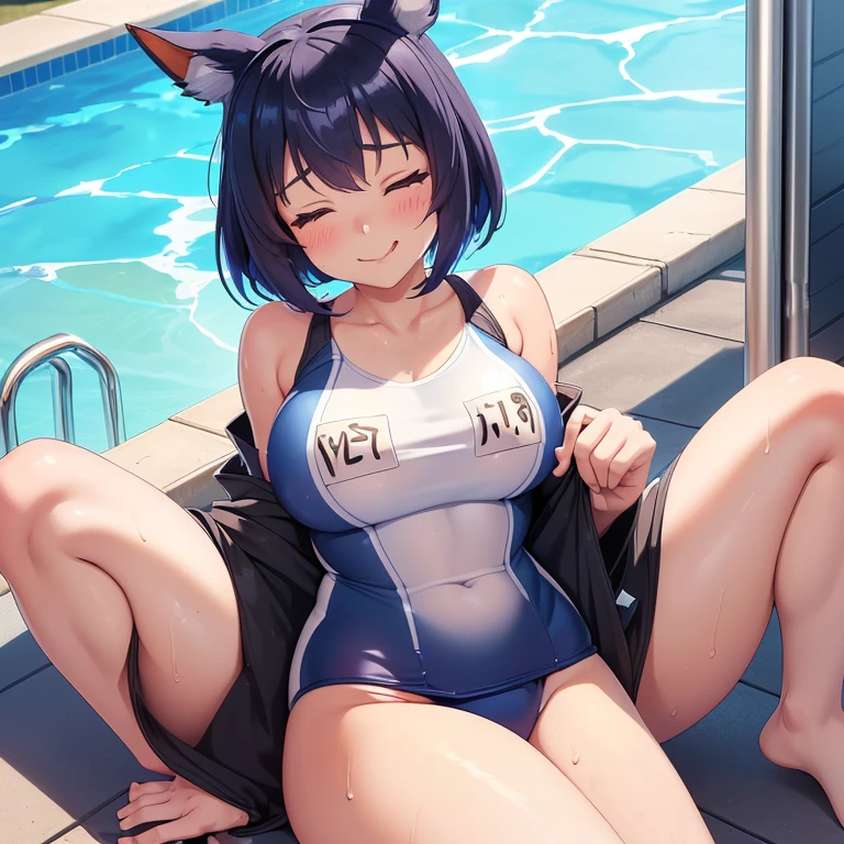 (((Anime style.1.4))) with horse ears ((Uma Musume)) NSFW ((closed eyes smile:1.2)) ((on the poolside)) ((School Swimsuit Costume:1.4)) ((Sheer)) ((Wearing sweat)) (The sheen) (( Whole body))animal ears ,horse ears ,horse girl ,horse tail,lshort_hair ,game cg, blue eyes, black hair, heart-shaped_pupils, tongue, smile suit office