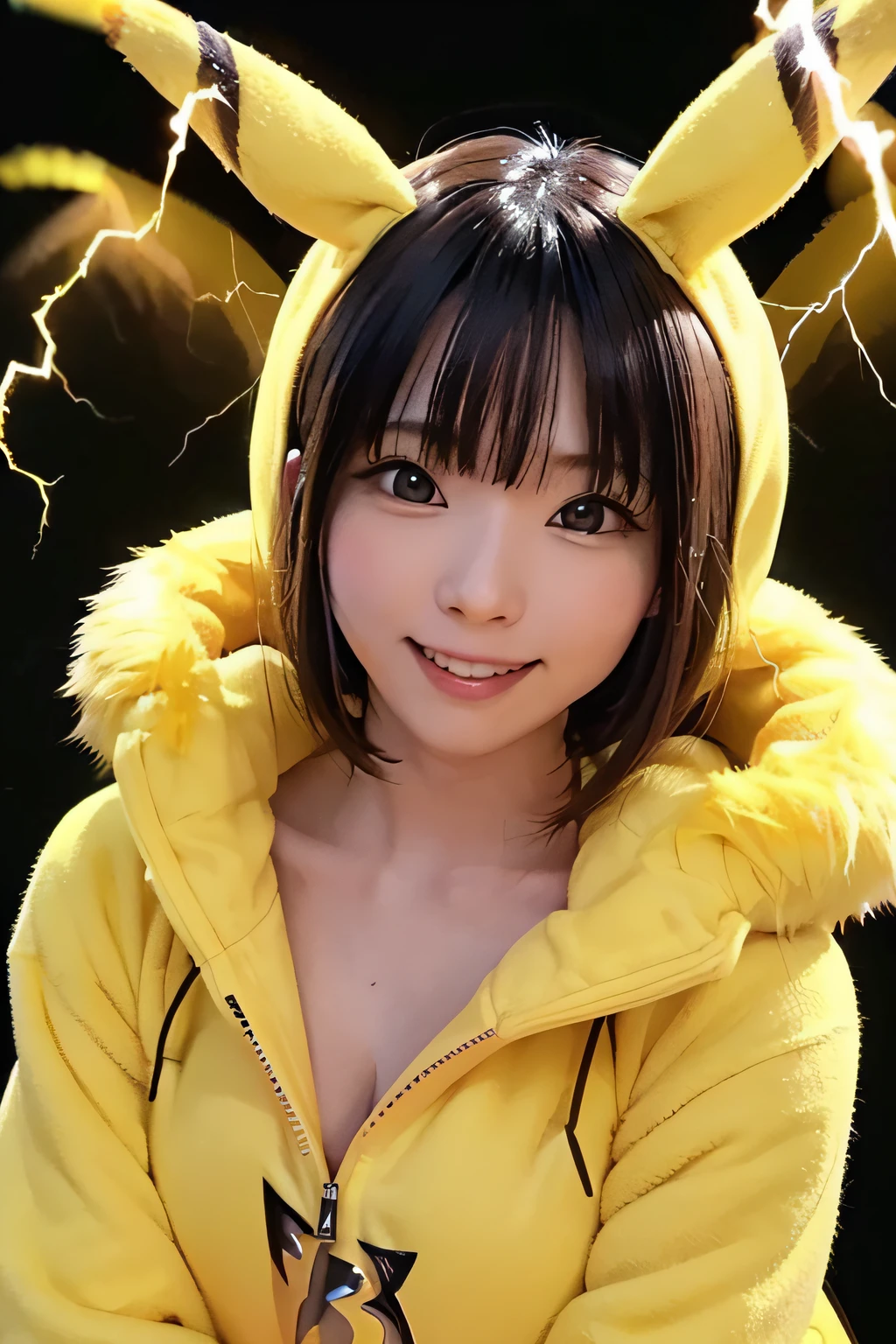 20yr old, kawaii,Adorable, Face Focus ,  japanaese girl, Low contrast, (Smile:0.8),  Best Quality, 超A high resolution, photographrealistic, ultra-detailliert, 8K, Raw photo, masuter piece、 kawaii,Adorable, Face Focus , Pikachu Costume,(yellow fur coat)、(Yellow lightning on a dark background:1.5)、 japanaese girl, Low contrast, Smile,  Best Quality, 超A high resolution, photographrealistic, ultra-detailliert, 8K, Raw photo, masuter piece、(Pikachu)、pikachu ear hair band、(((a blond)))