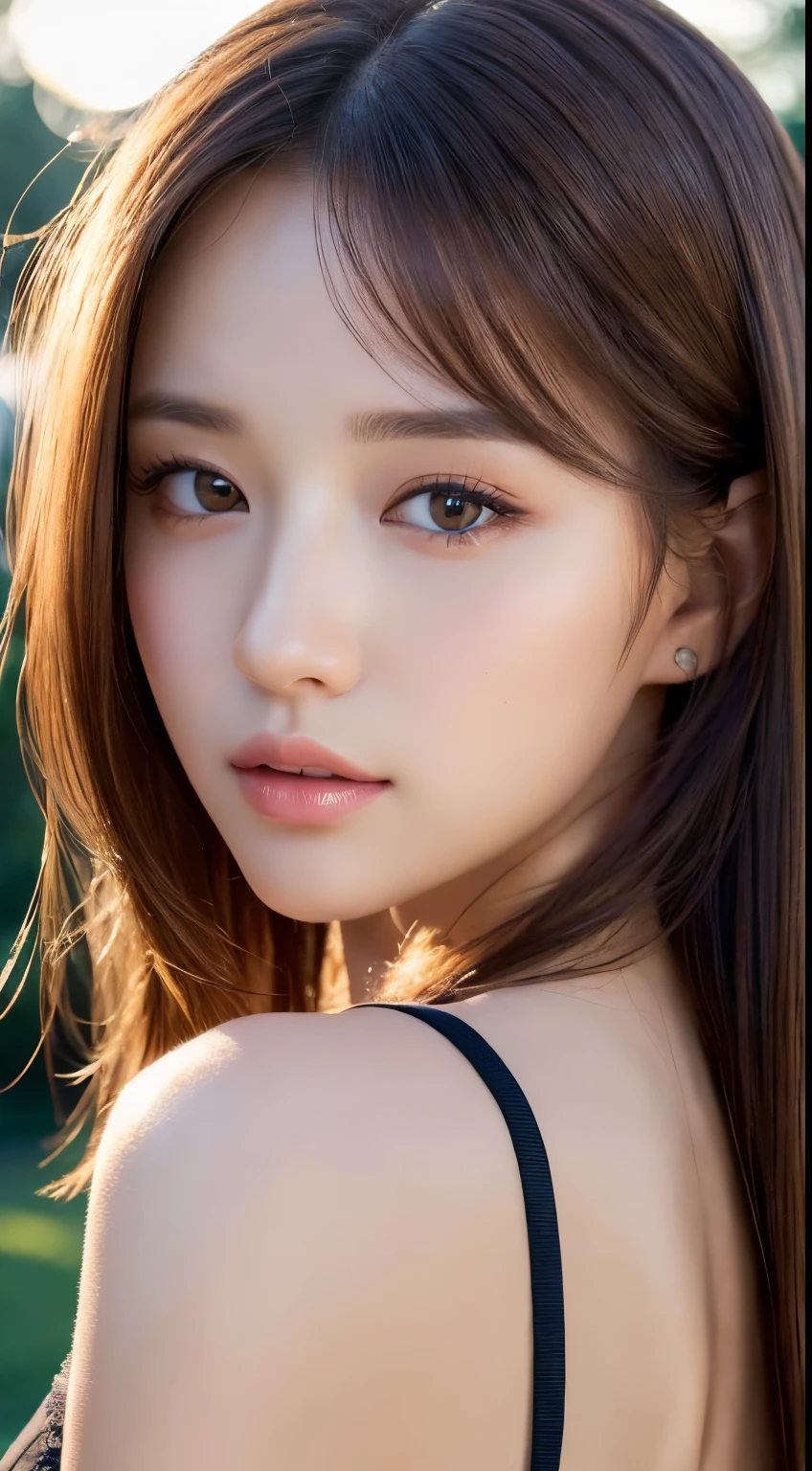 ((Best quality, 8k, Masterpiece :1.3)), 1girl, Pretty woman with emphasizing, light brown hair, park at evening, (back light :1.2), Ultra-detailed face, Detailed eyes, Double eyelid