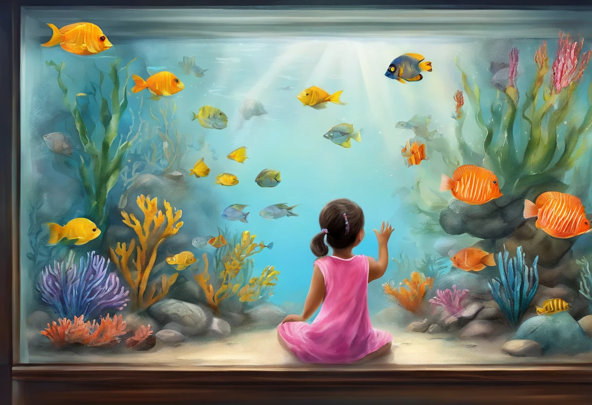The picture shows a little girl sitting in front of the viewing window inside the aquarium。She was wearing a pink T-shirt with cute animal prints on it，Paired with blue trousers with star pattern，and a pair of red shoes。She sits casually，One hand supports the head，Seems to be concentrating on observing the marine life ahead。through viewing window，A colorful coral reef scene can be seen，Numerous yellow and black-banded tropical fish swim freely in the clear water。The whole scene gives people a peaceful and magical feeling，The little girl seemed to enjoy this moment very much。