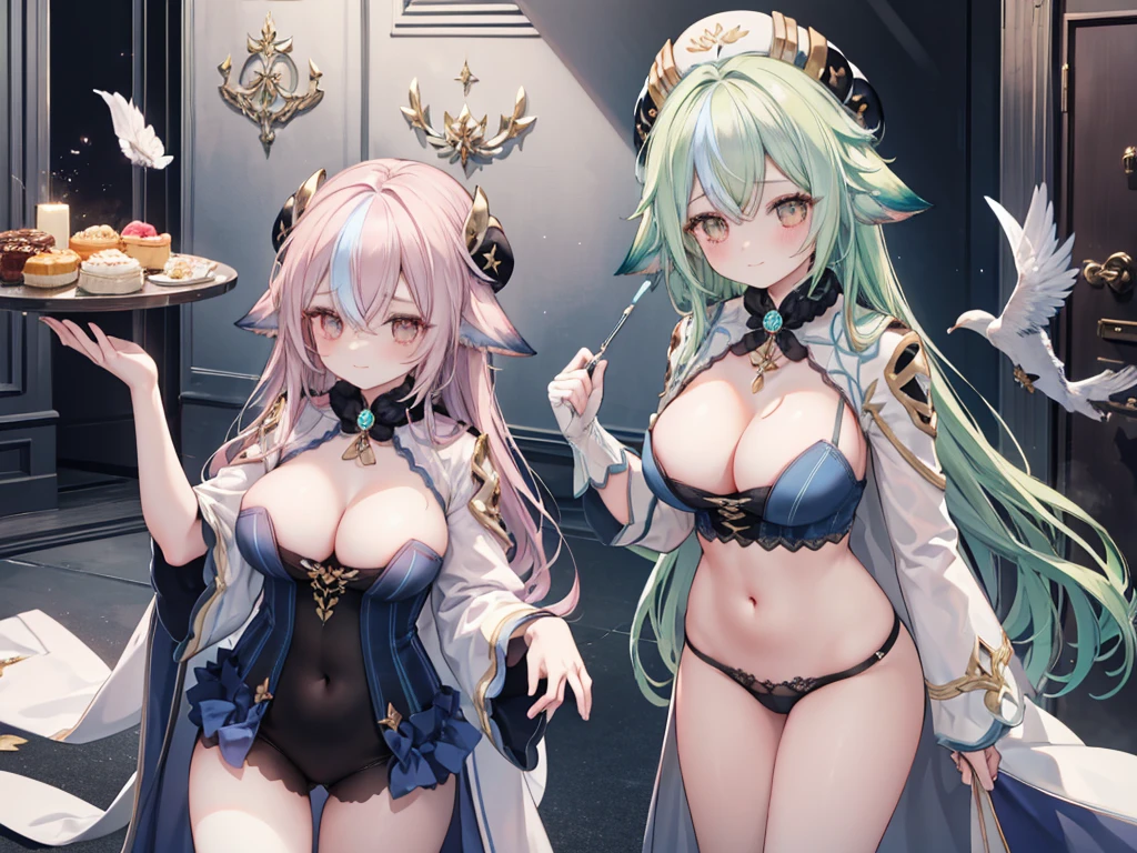 1 woman、Radiant hair、fluffy and soft hair、Sparkling eyes、爆乳、Too large breasts、Seductive breasts、Sheer underwear、Tiara of the Goddess、goddess god々Feeling、lace cape、a choker、Castle Room、Long Lace Bale、Ruffles and ribbons、A smile、The upper part of the body、 A glowing wand made of crystal.、wingspan、A benevolent look、Eternal brilliance、Too large breasts、爆乳、puffy chest、Cinderella's Castle、Navel Ejection、I can see my nipples