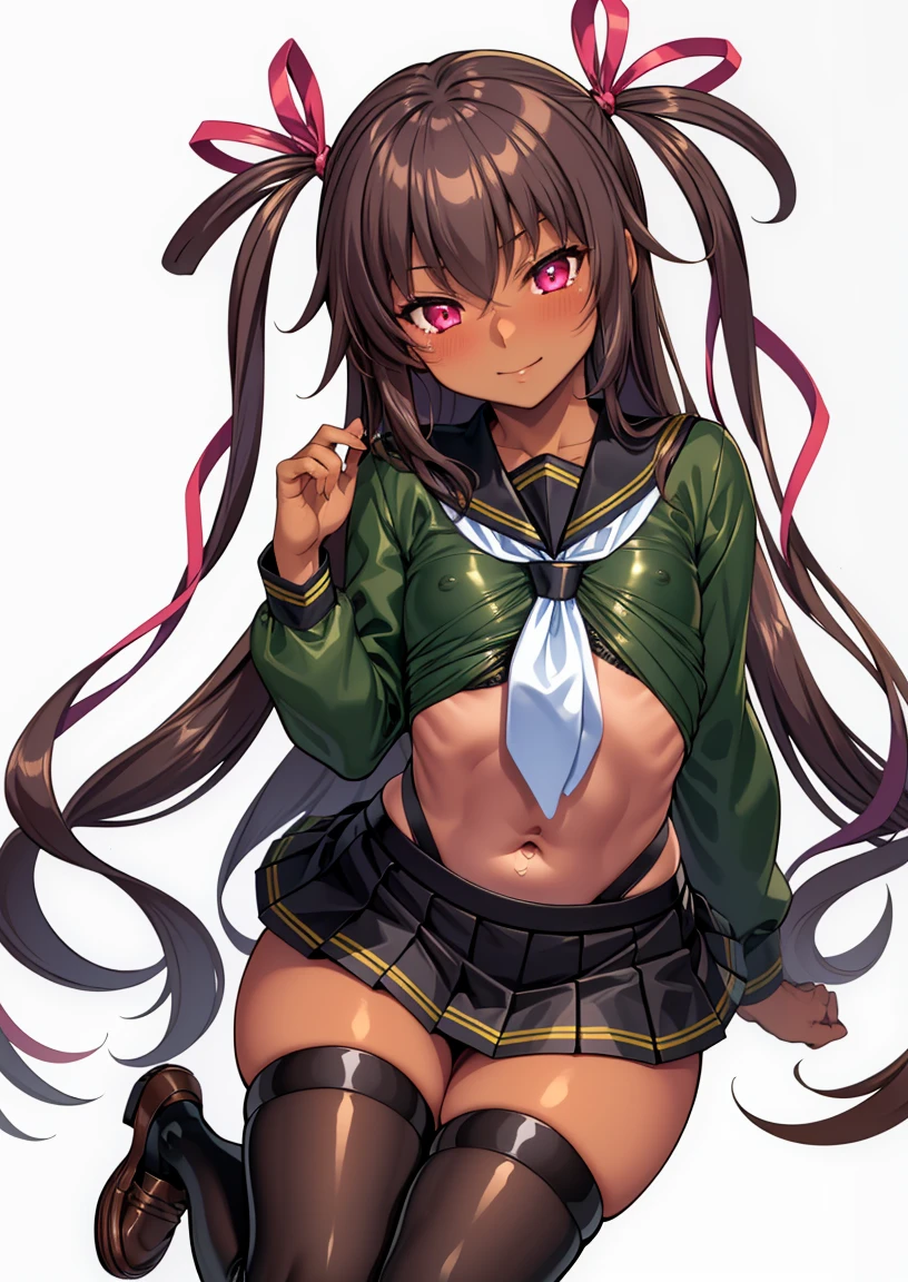 waruochi, 1girl, mizuki yukikaze, hair ribbon, dark skin, tan, small breast, simple background, solo, school uniform, green shirt, serafuku, white neckerchief, long sleeves, pleated skirt, black skirt, black thighhighs, loafers
