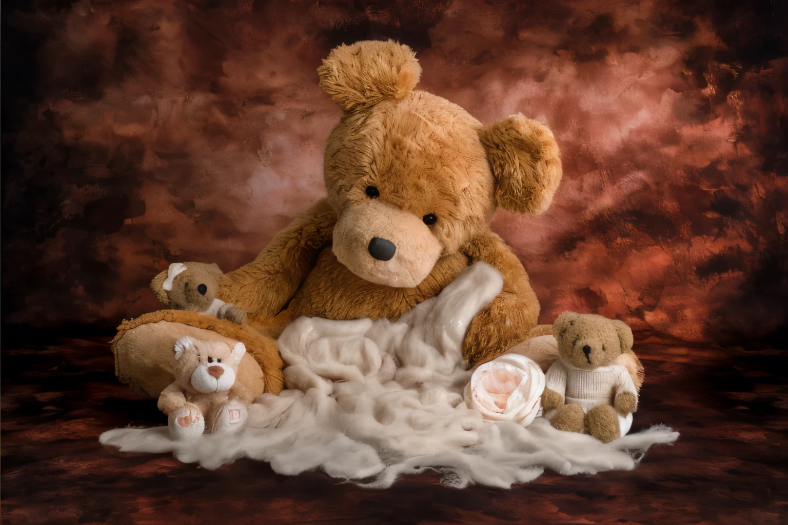 There are three teddy bears sitting on a pile of white things., Oso de peluche, osito de peluche, plushie photography, toy photography, lindo y tierno, Osos, Cuatro osos humanoides, soft mood, suave y esponjoso, inspirado por Margaret Geddes, cozy studio photography, por Jane Kelly, still life photo of a backdrop, por Linda Sutton
