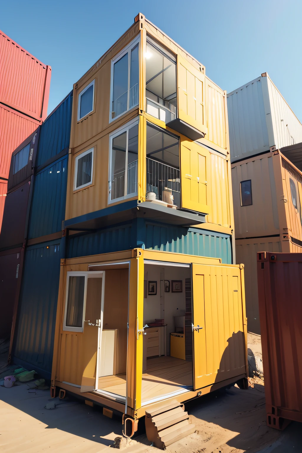 container house that folds by the side. The entrance is in front and it has a small window. 40ft wide container. container under construction, construction site, crane, construction equipment, yellow constructions site