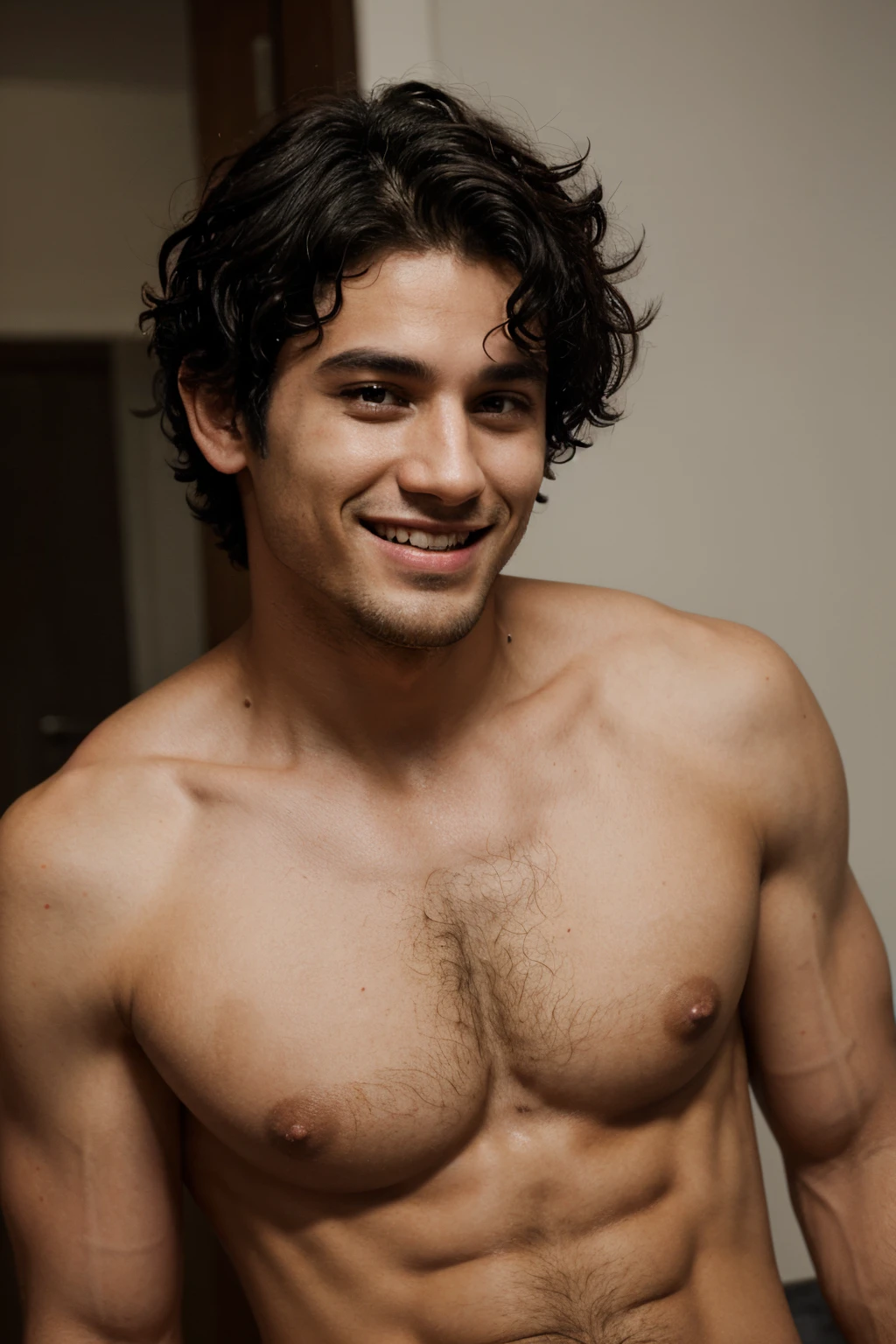 shirtless dude with short curly black hair, a mocking smile and a slightly square jaw