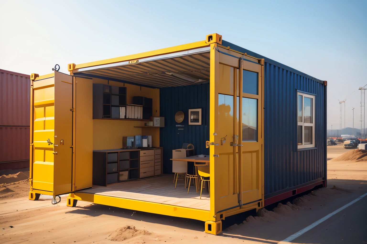 container house that folds by the side. The entrance is in front and it has a small window. 40ft wide container. container under construction, construction site, crane, construction equipment, yellow constructions site, transport in the bg, truck