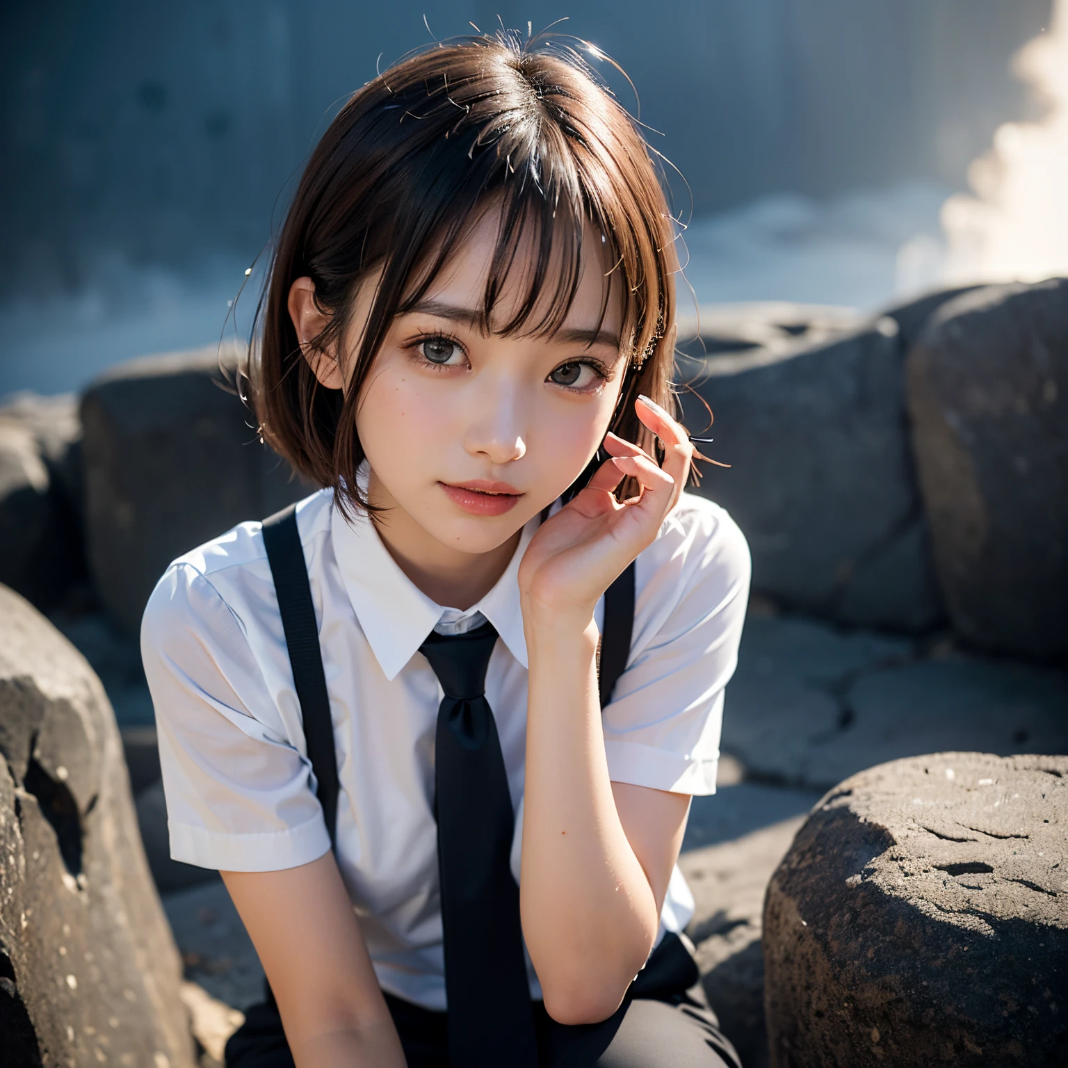 (masutepiece, Best Quality:1.2), 8K, Official art, Wearing a suit、Full body photo, full body Esbian、Emma fastening her tie. Beautiful barefoot woman with dark hair floating in the air, hold a flame in your right hand、In his left hand he holds a lightning bolt、Bright lava light rises above the broken Earth from beneath the asteroid belt(Jagged rock rocks and fragments shot into the air:1.3) (Storm of windy dust debris:1.1) Volume fogmist by trace Z、It can allow bright light from below to pass through、 (masterpiece) (top-quality) (detaileds) (8K) (电影灯光) (foco nítido) (Convoluted)A dark-haired、ars、small tits、A delightful、A smile、unbelievable Ridiculous, (Beautiful girl with upper body, Pretty Face, arching back down, Gold hair ornament on hair、Wearing a cute suit、close up, Wearing a suit, Short sleeve, gardenia, violaceaess, Teen, space system, Looking at Viewer, Film grain, chromatic abberation, Sharp Focus, face lights, Dynamic lighting, Cinematic lighting, Eyes and faces with detailed, Bokeh background, (Tie with Emma written on it、1 copy:1.2)