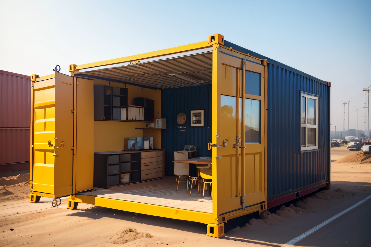 container house that folds by the side. The entrance is in front and it has a small window. 40ft wide container. container under construction, construction site, crane, construction equipment, yellow constructions site, transport in the bg, truck