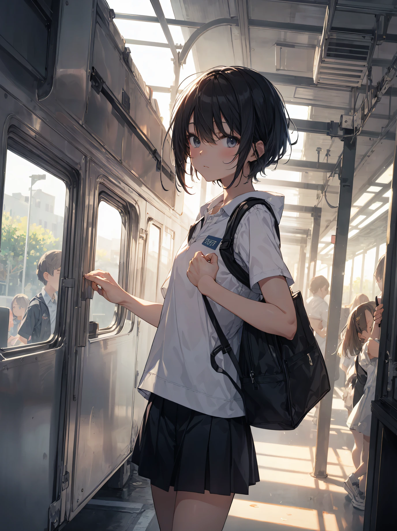 divine quality, anime moe art style,Best Anime 8K Konachan Wallpapers,Pixiv Contest Winner,Badass Anime 8K,Perfect Anatomy, (Draw a girl sleepily walking to school. ),BREAK, 1girl in, (Solo,Lori,,13yea:1.3),a junior gynous attraction, (Very short hair),hair messy, Full limbs, complete fingers,flat chest, Small butt, groin, Small eyes,Precise black eyes,disgusted eye, School uniform, On the way to school. BREAK,Ultra-detailed,High resolution,super detailed skin, Professional Lighting,8k eye details, (cool illustration:1.2),