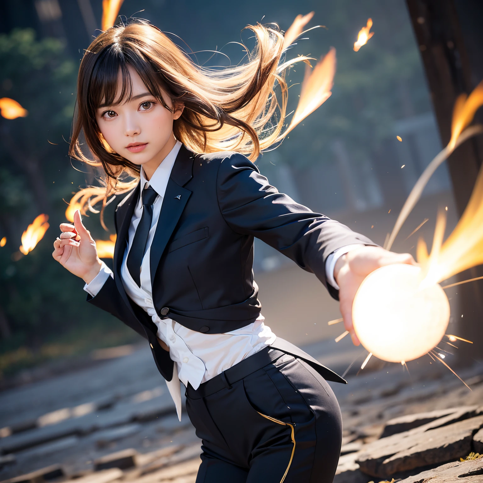 (masutepiece, Best Quality:1.2), 8K, Official art, Wearing a suit、Full body photo, full body Esbian、Emma fastening her tie. Beautiful barefoot woman with dark hair floating in the air, hold a flame in your right hand、He has lightning in his left hand、Bright lava light rises above the broken Earth from beneath the asteroid belt(Jagged rock rocks and fragments shot into the air:1.3) (Storm of windy dust debris:1.1) Volume fogmist by trace Z、It can allow bright light from below to pass through、 (​masterpiece) (top-quality) (detaileds) (8K) (电影灯光) (foco nítido) (Convoluted)A dark-haired、14years、small tits、A delightful、A smile、unbelievable Ridiculous, (Beautiful girl with upper body, Pretty Face, arching back down, Gold hair ornament on hair、Wearing a cute suit、close up, Wearing a suit, Short sleeve, gardenia, violaceaess, Teen, space system, Looking at Viewer, Film grain, chromatic abberation, Sharp Focus, face lights, Dynamic lighting, Cinematic lighting, Eyes and faces with detailed, Bokeh background, (Tie with Emma written on it、1 copy:1.2)