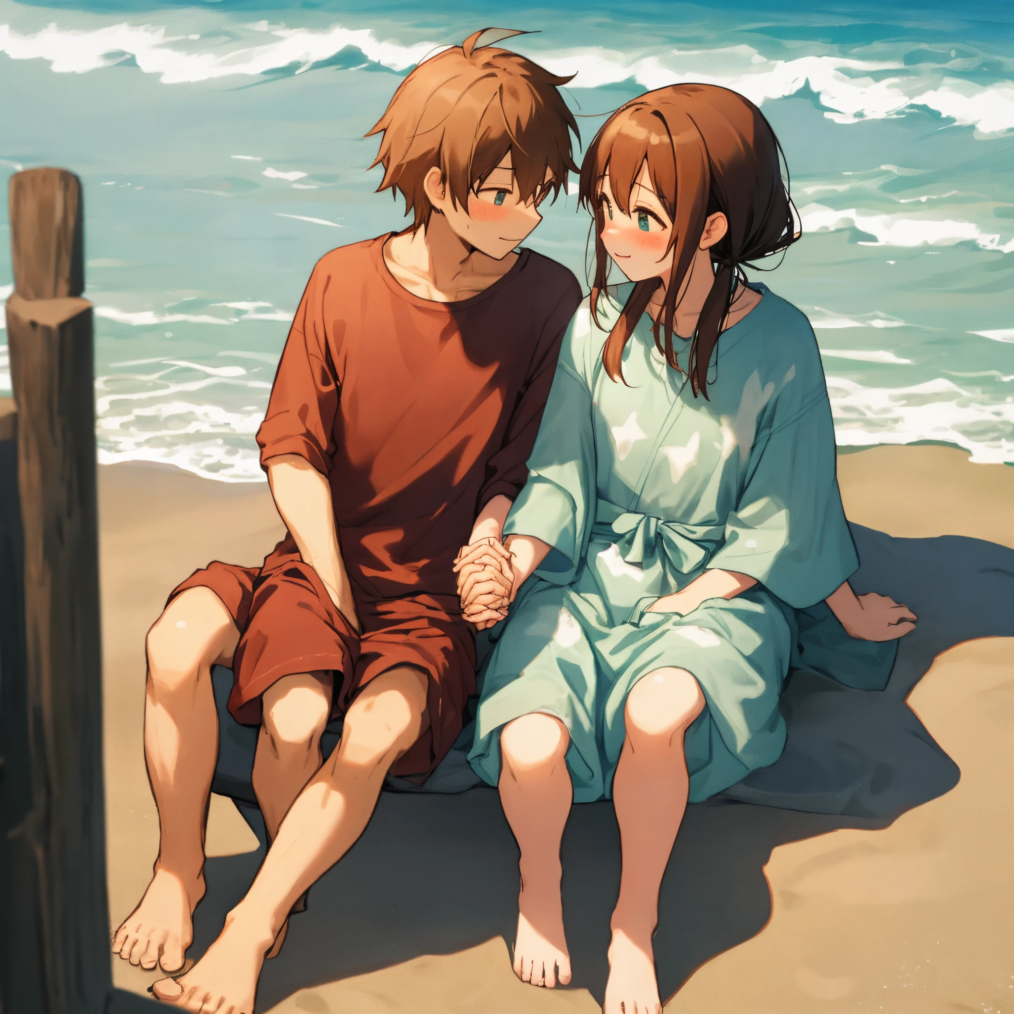 A couple is walking along the beach holding hands。Sit back and snuggle