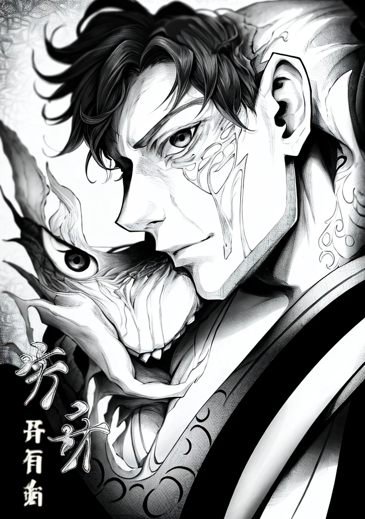 Next to the person is a monster,The monster is similar in appearance to Qiongqi,The character's hair is white,Characters are mainly based on lines,The color is black and white,Hayao Miyazaki style