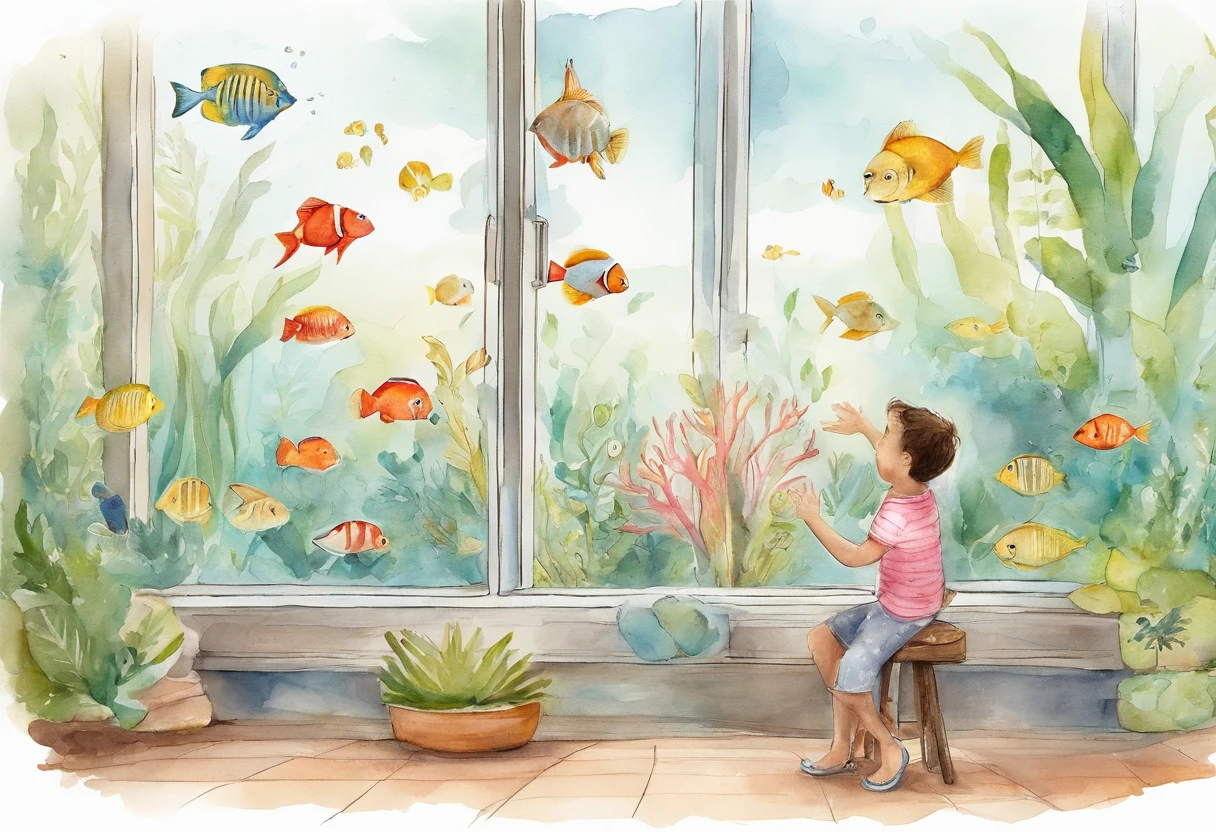Inside the aquarium,A sits in front of the circular picture window。She wore a pink T-shirt,It has cute animal motifs on it,Paired with blue star pattern trousers,and a pair of red shoes。she sits casually,Support the head with one hand,He seems to be concentrating on observing the marine life in front of him。through observation window,You can see the colorful coral reef scene,In crystal clear waters,Countless tropical fish with yellow and black strips swim freely around。The whole scene gives people a peaceful and magical feeling,The little girld to enjoy the moment。