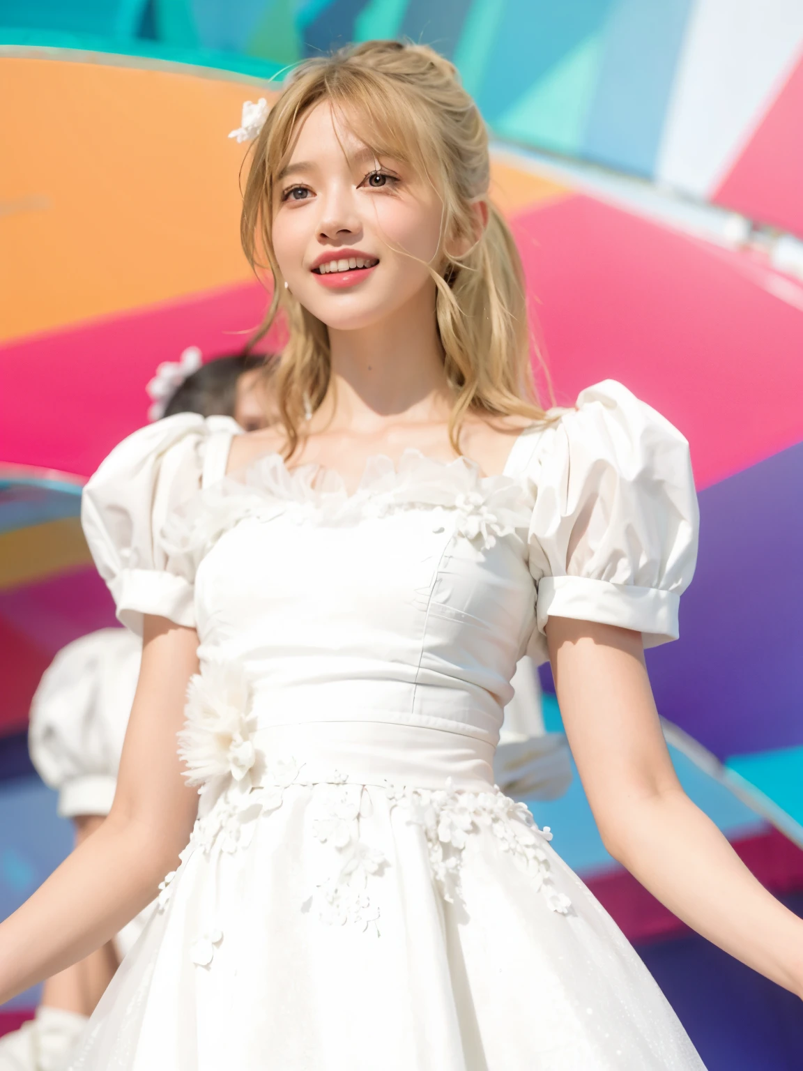 masuter piece, best qualtiy, (realisitic, Photorealsitic:1.37), ((独奏)), 8K image quality, Extremely delicate and beautiful, splendid, Official art with attention to detail, Ridiculous, Unbelievably ridiculous, huge filesize, ultra-detailliert, ighly detailed, (Cute little girl s), (detailed girl), extremely detailed eye and face, Beautiful detailed eyes, Light makeup, (Slender and perfect female figure), Slim waist, (Nordic beauty), Blonde hair, ((Twin-tailed)),((fullllbody)), ((Put the head in the frame)), ((Cute clothes, random)), An amusement park, ((Opens mouth and laughs)),