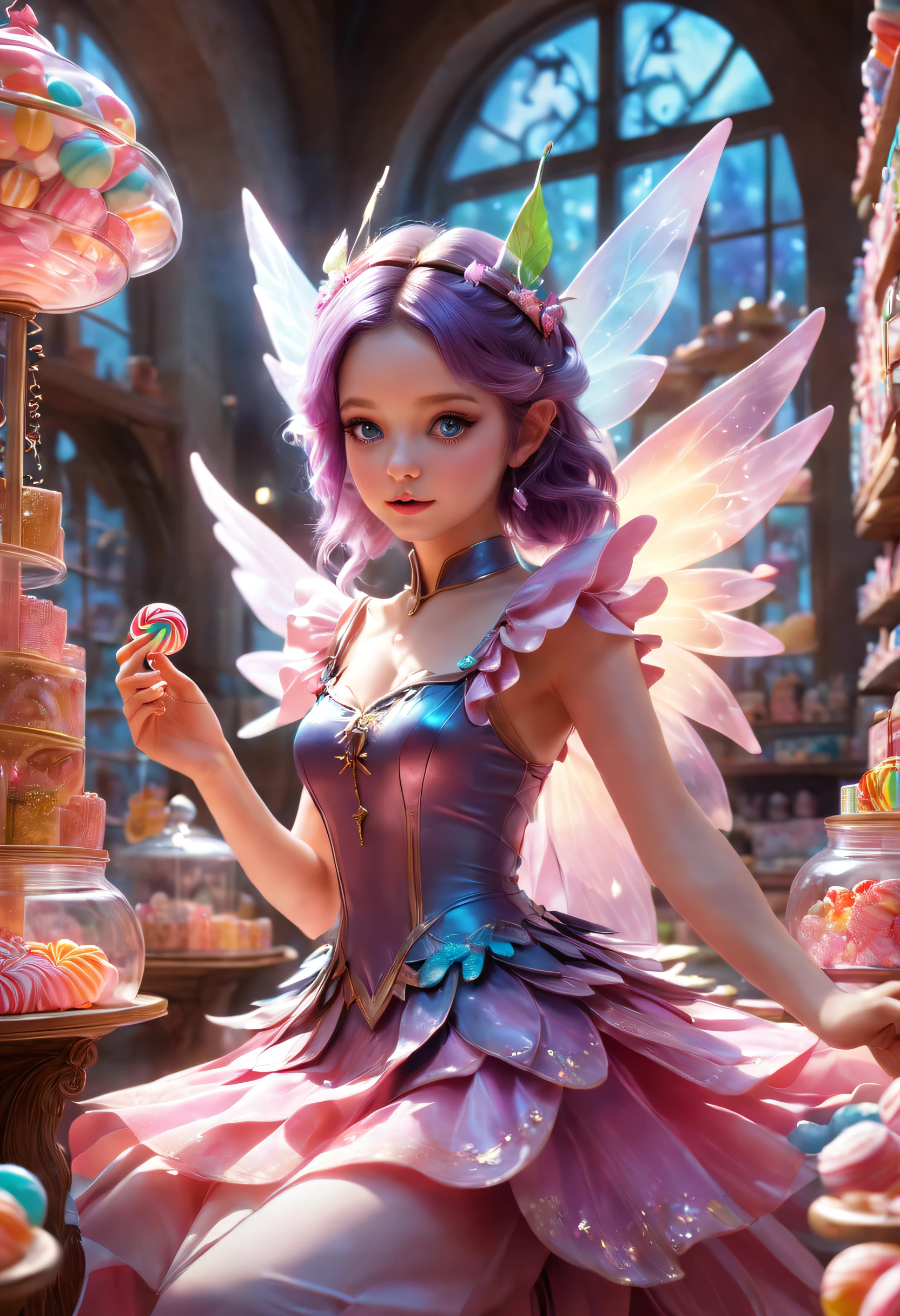 "Beautiful candy girl, little fairies help her in a fairy candy shop , fantasy , mystic , realistic photography , high detail , digital painting , cinematic , stunning , hyper-realistic , sharp focus , high resolution 8k , insane detailing"