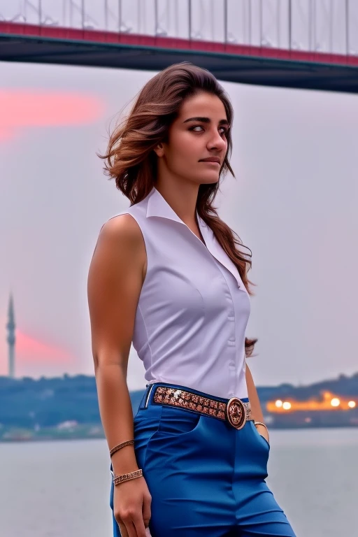 a beautiful trkshlds woman, wearing casual outfit standing at the istanbul bosphorus, high quality, ultra resolution, 8k, masterpiece, sharp focus, detailed, soft dramatic lighting, cinematic lighting