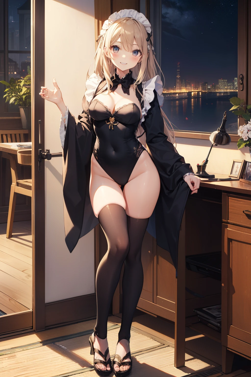 ((2D beautiful girl、top-quality、Perfect Finger 1.1、Perfect Anatomy 1.1、extremely delicate and beautiful illustration))、cute petit girl、(transform sequence)、((Maid style leotard))、10yaers old、elementary student、Lori、Chiquita、Fractal Art、baby-face、((stright long hair))、beatiful detailed eyes、Show your teeth and have the best smile、Full Body Display、（1 persons）、（Kimono-style leotard）、Beautiful room with night view、The costumes are also brightly colored.、