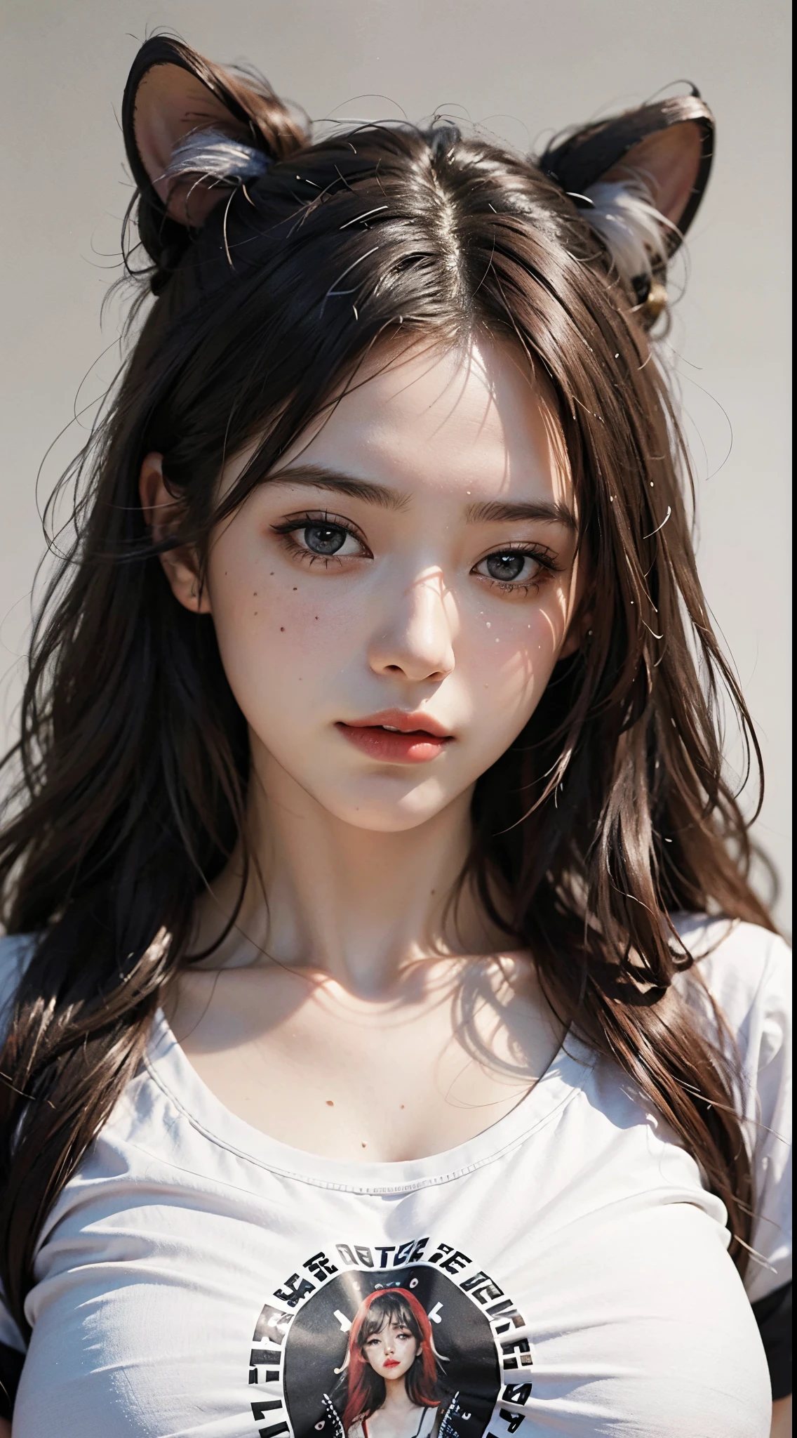 Masterpiece, Best Quality, Official Art, Unified 8k Wallpapers, A girl with, Big breasts, Tight T-shirt, delicate  features, A hyper-realistic, A hyper-realistic, 鎖骨