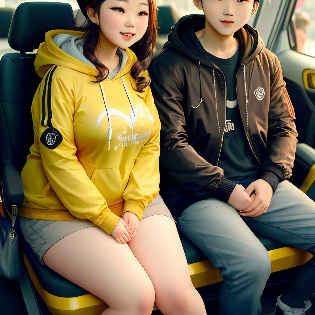 the chubby girl seat at the back of the boy wearing couple jacket with hood color yellow