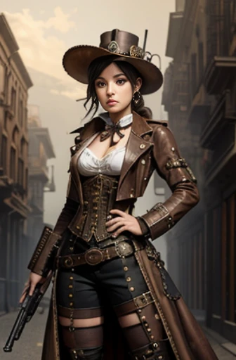 There's a woman wearing a Steam Punk hat and holding a gun..., Steampunk, usando trajes Steampunk, meninatora steampunk, (Steampunk), ( Steampunk ), estilo steampunk, Steam-punk, Steampunk Fiction, steampunk aesthetic, uma deusa Steampunk bonita, steampunk mulher anime bonita, Steampunk, fantasia Steampunk, estilo de fantasia steampunk, arte steampunk, arte digital steampunk, roupas Steampunk