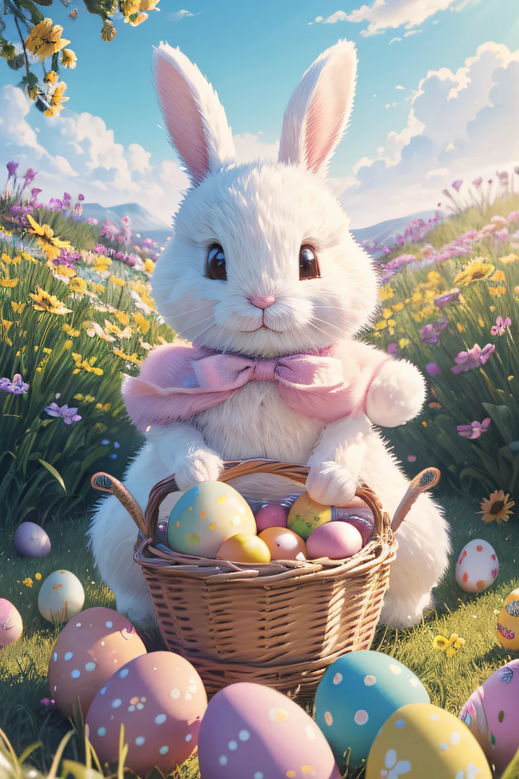 best quality, 4k, Altas, ultra-detalhado, Realistic:1.37, (Easter Bunny:1.1), (easter:1.1), desenho detalhado, cores vibrantes, ovos de chocolate, Easter Gifts, Easter themed painting, atmosfera alegre, dia ensolarado, happy children playing, flores florescendo, Prado colorido, Campo tranquilo, paleta de cores pastel, soft lighting
